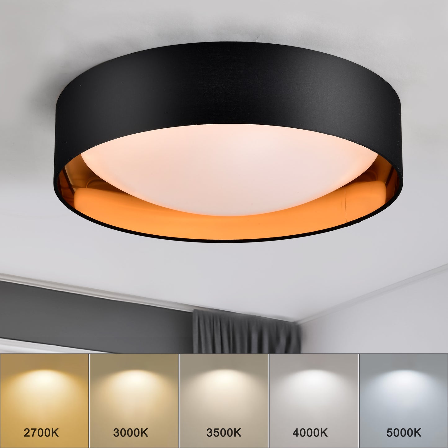 16.93Inch Flush Mount Ceiling Light 24W, 5 CCT Selectable (2700k 3000k 3500k 4000k 5000k) Dimmable Ceiling Light Fixture, 2400Lumen Black Round Led Ceiling Light Flush Mount for Bedroom Black and Gold