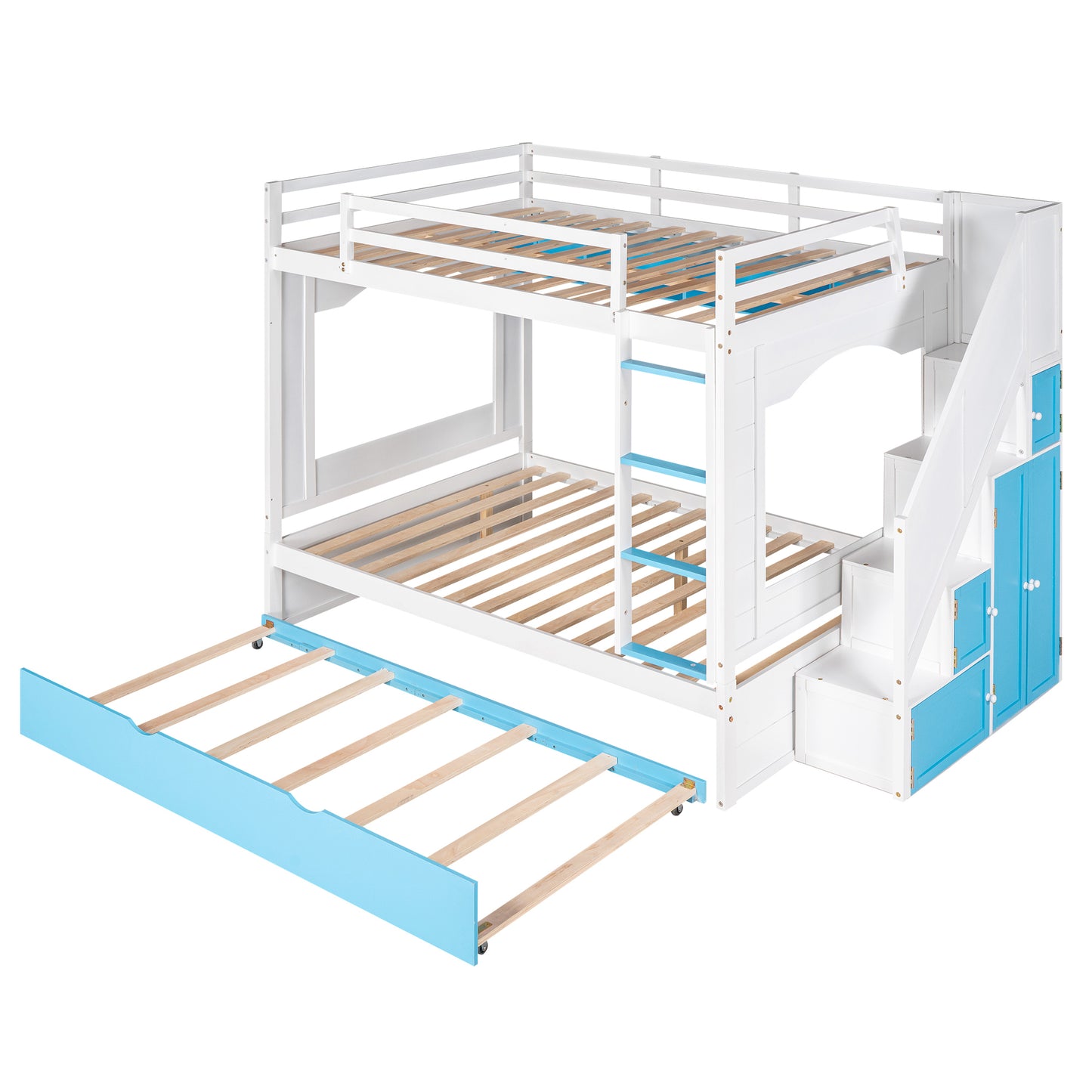 Full Over Full Bunk Bed with Trundle ,Stairs,Ladders Solid Wood Bunk bed with Storage Cabinet (White + Blue)