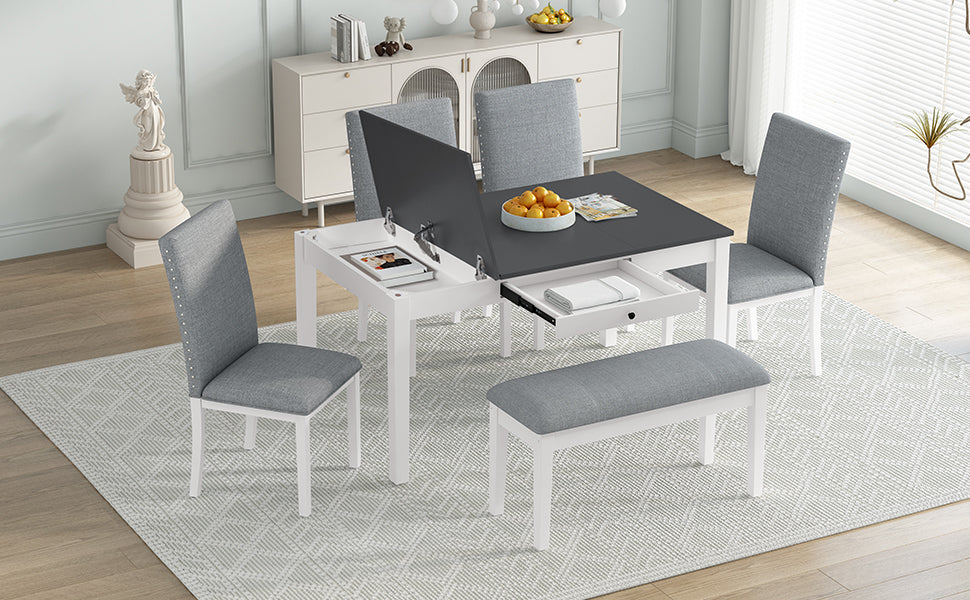 TOPMAX Farmhouse 6-Piece Dining Table Set with Storage Table, Kitchen Table Set with Drawer, Storable Bench and Upholstered Dining Chairs, White+Gray