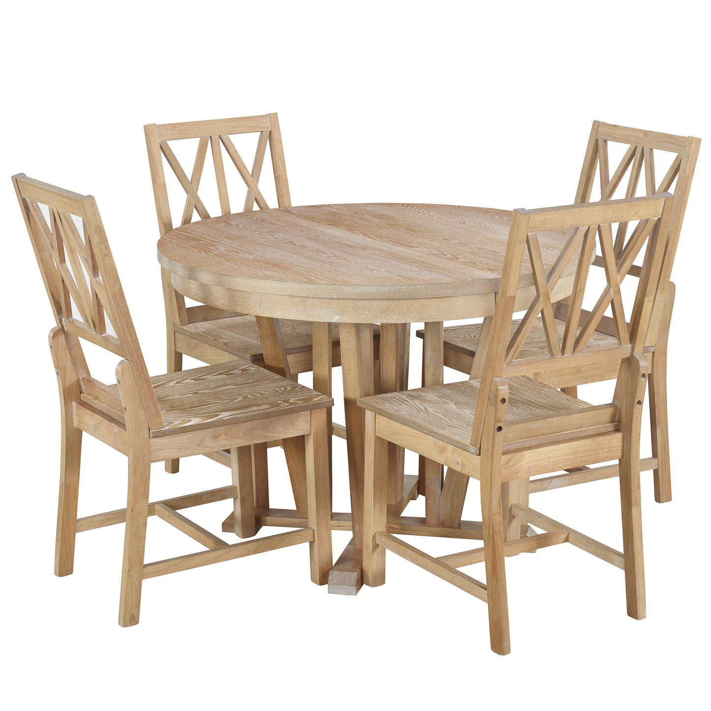 TOPMAX Rustic 5-Piece Extendable Dining Table Set Round Trestle Table and 4 Cross Back Dining Chairs for Kitchen, Dining Room, Natural