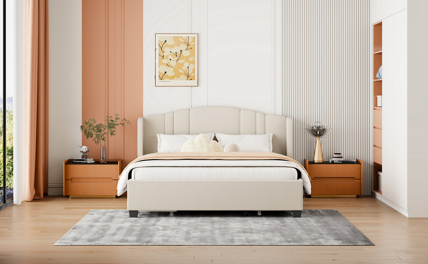 Upholstered Platform Bed with Wingback Headboard and 4 Drawers, No Box Spring Needed, Linen Fabric, Queen Size Beige