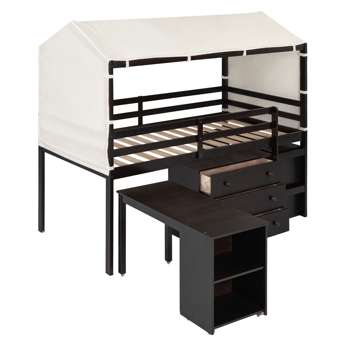 Twin Size Loft Bed with Rolling Cabinet, Shelf and Tent - Espresso