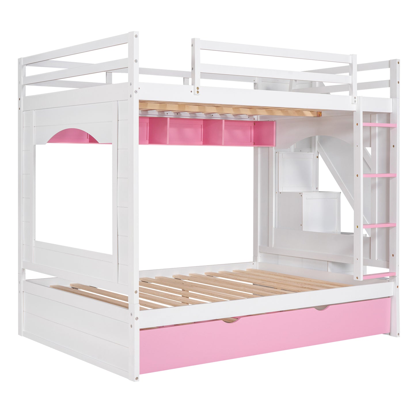Full Over Full Bunk Bed with Trundle ,Stairs,Ladders Solid Wood Bunk bed with Storage Cabinet (White + Pink)