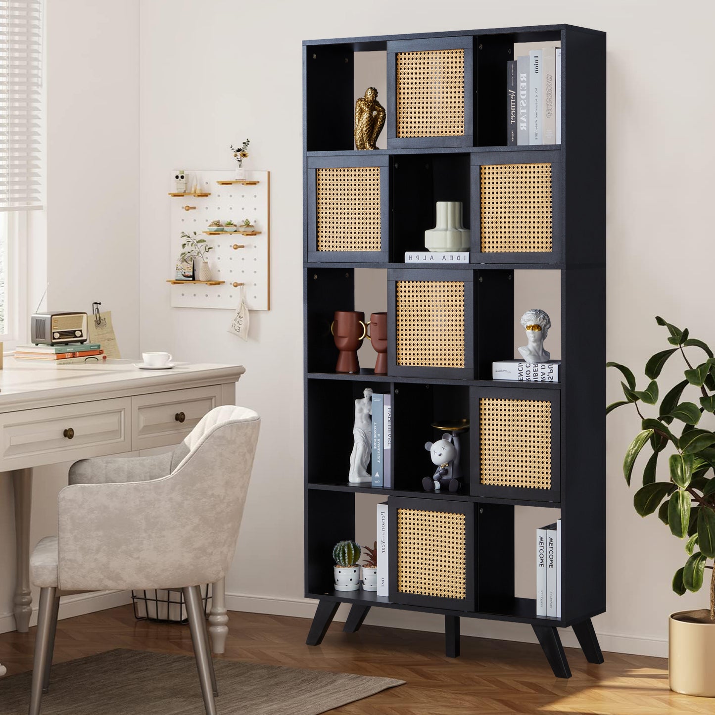 5 Tier Bookcase with Rattan Doors, 71" Shelf Rattan Boho Wood Shelves Large Bookshelves Farmhouse Bookcases Book Case for Bedroom, Living Room, Office (Black)