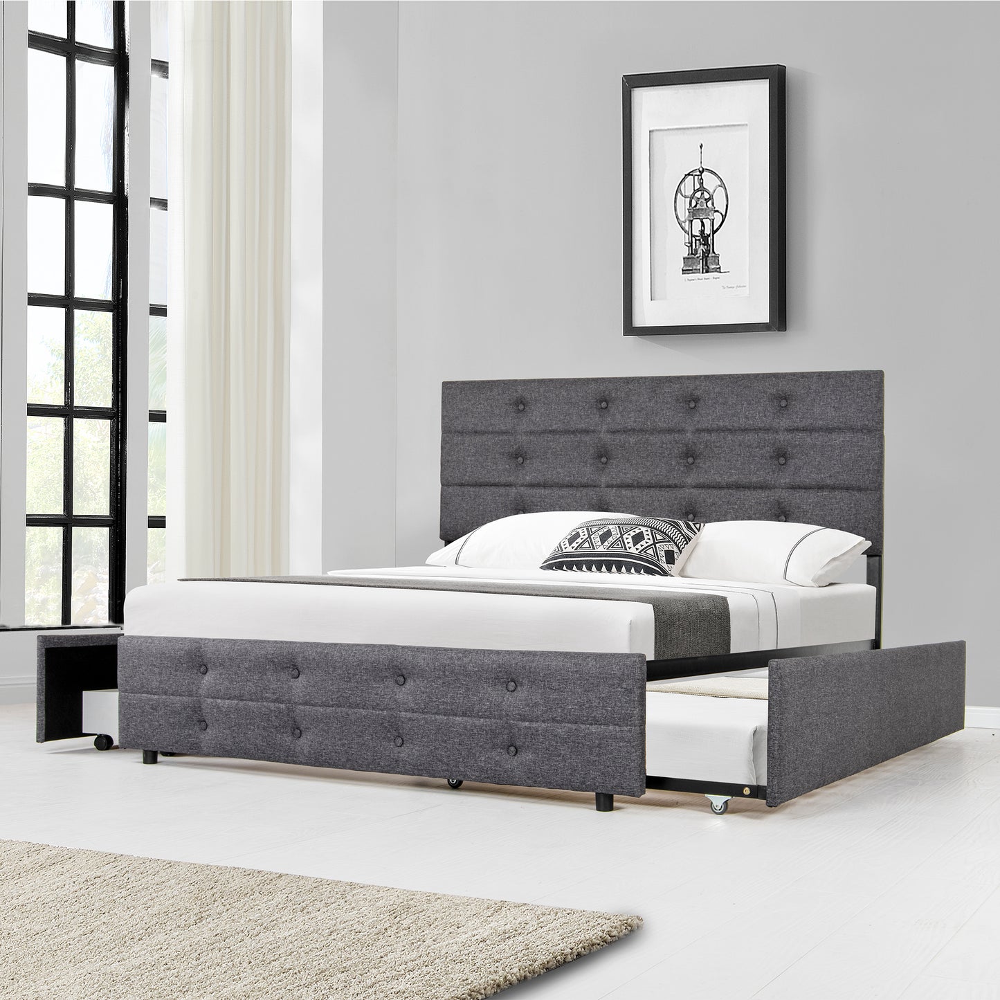 Queen Size Upholstered Linen Fabric Trundle bed with drawers Grey