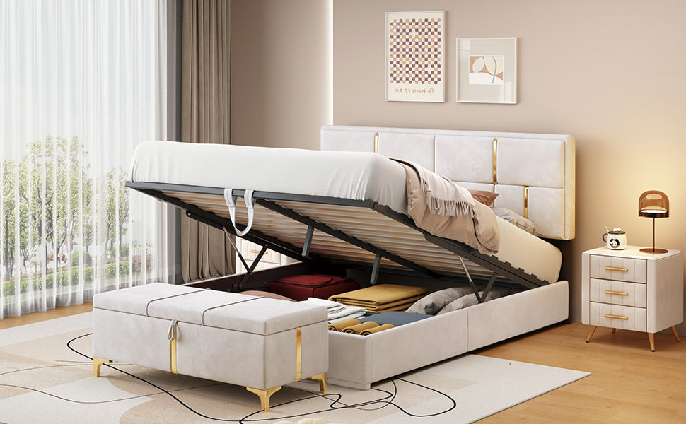 2-Pieces Bedroom Sets,Queen Size Upholstered Platform Bed with Hydraulic Storage System,Storage Ottoman with Metal Legs,Beige