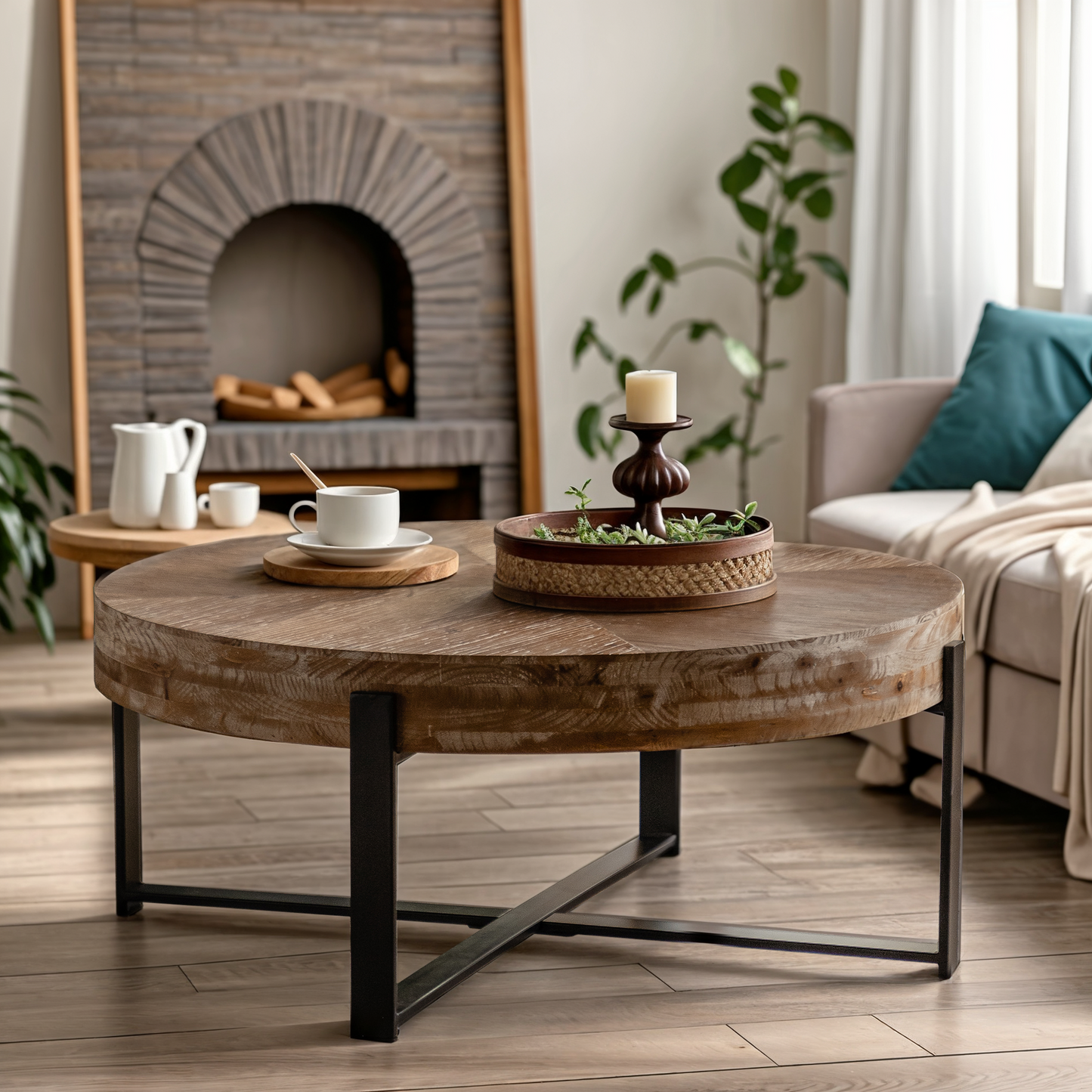 33.86"Modern Retro Splicing Round Coffee Table, Fir Wood Table Top with Black Cross Legs Base(Same SKU:W757127347)