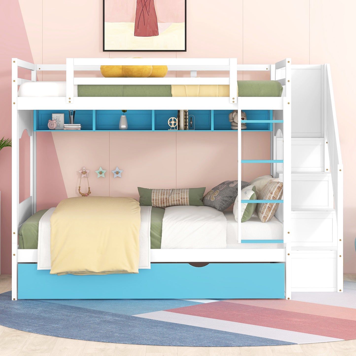 Full Over Full Bunk Bed with Trundle ,Stairs,Ladders Solid Wood Bunk bed with Storage Cabinet (White + Blue)