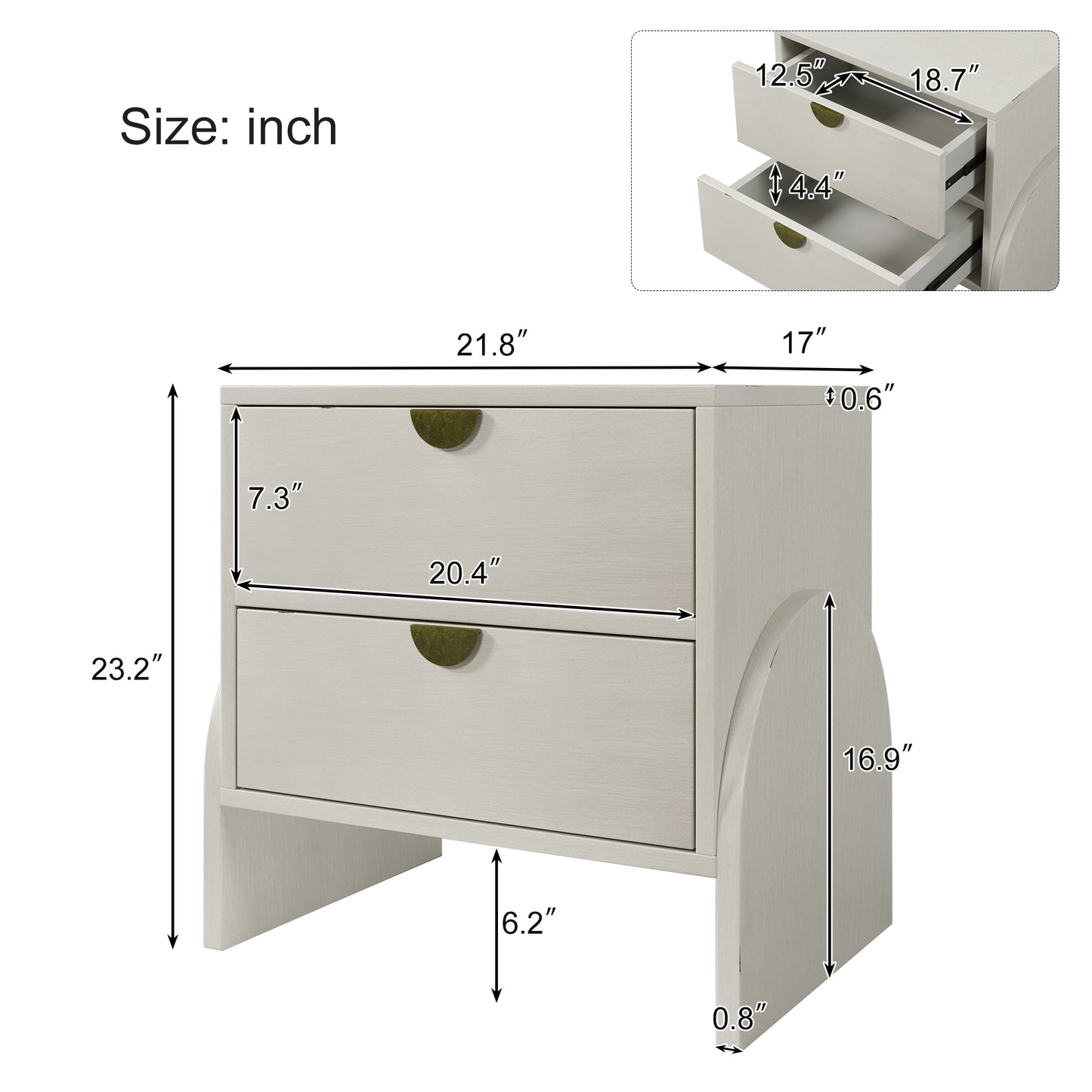 Retro Style Rubber Wood Venner Two-Drawer Bed Side Table Nightstand End Table for Living Room, Children's Room, Adult Room, Antique White