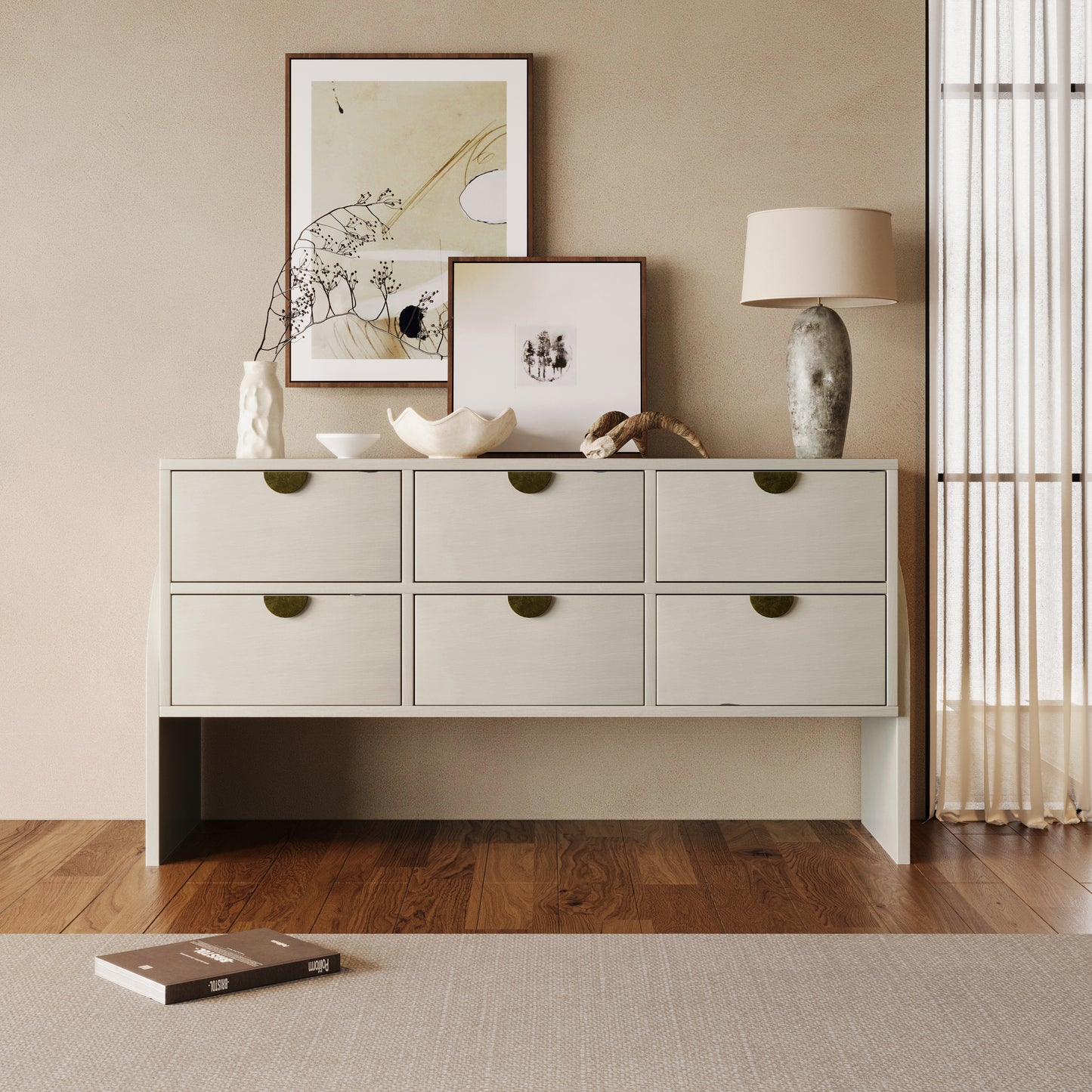 Retro Style Rubber Wood Venner Three-Drawer Dresser Sideboard Cabinet Console Table Sofa Table Ample Storage Spaces for Living Room, Children's Room, Adult Room, Antique White