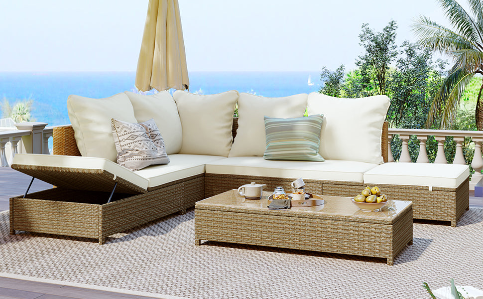 TOPMAX Patio 3-Piece Rattan Sofa Set All Weather PE Wicker Sectional Set with Adjustable Chaise Lounge Frame and Tempered Glass Table, Natural Brown