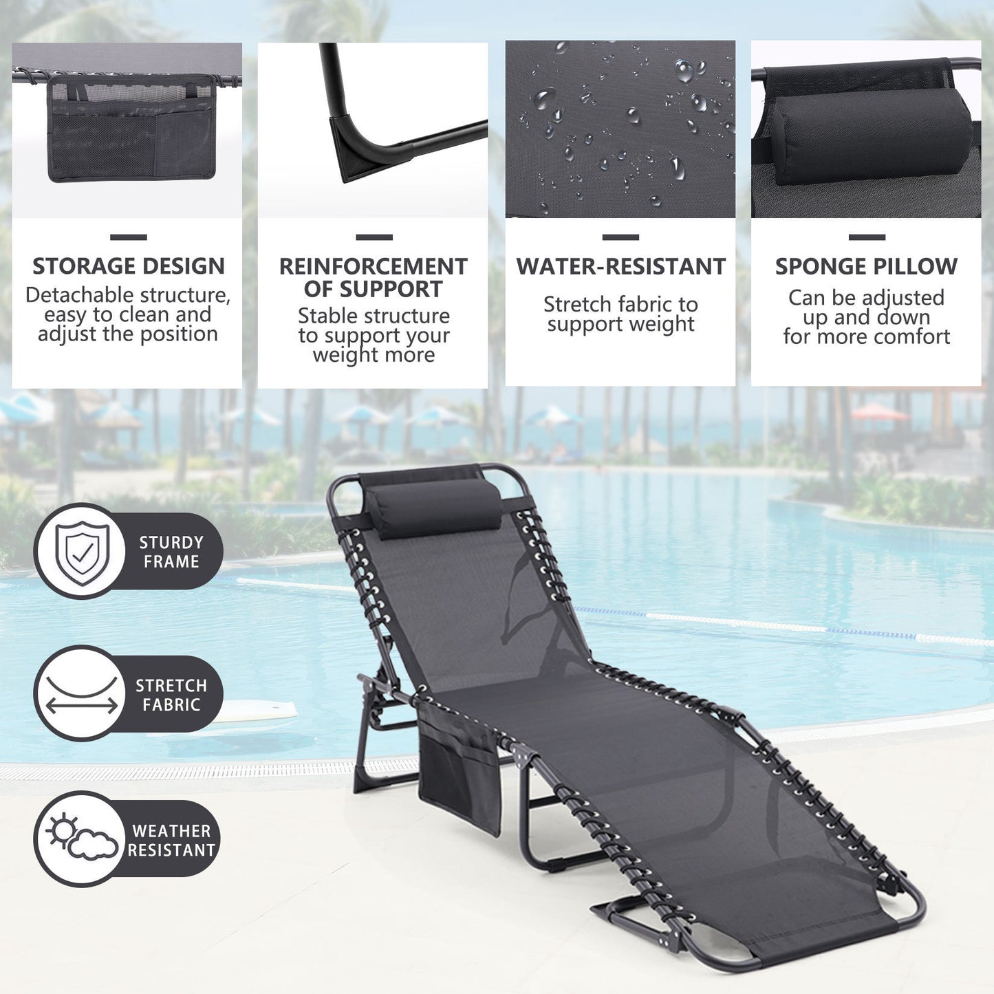 Folding Textilene Waterproof Patio Chaise Lounge Chair,Outdoor Adjustable and Reclining Tanning Chair with Pillow and Side Pocket for Lawn,Beach,Pool,Portable Camping and Sunbathing(2 Pieces,Black)