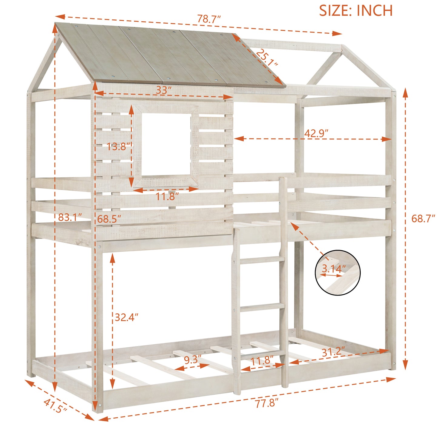 Twin Over Twin Bunk Bed Wood Loft Bed with Roof, Window, Guardrail, Ladder (Antique White )