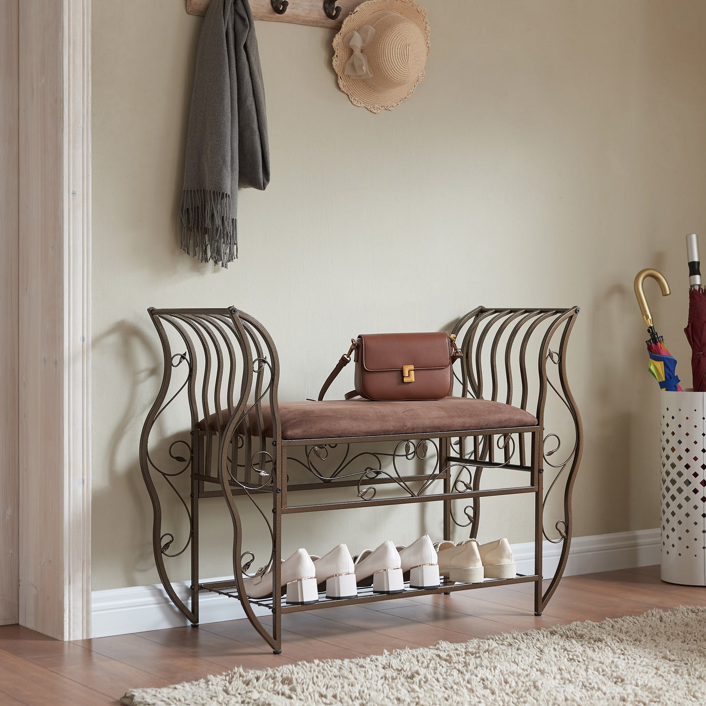 Traditional Style End of Bed Bench, Upholstered Entryway Bench with Arm, Ottoman Bench with metal frame