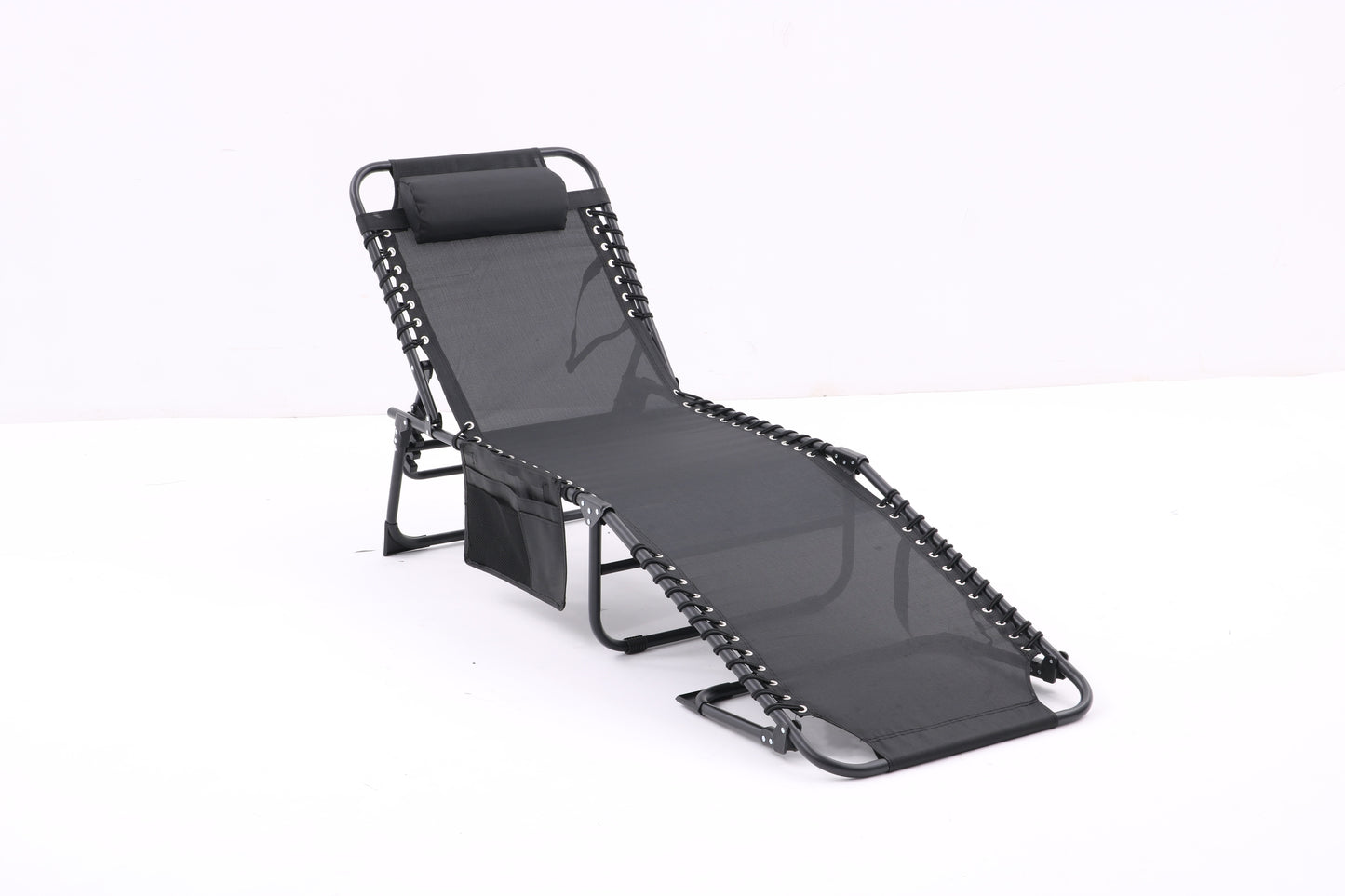 Folding Textilene Waterproof Patio Chaise Lounge Chair,Outdoor Adjustable and Reclining Tanning Chair with Pillow and Side Pocket for Lawn,Beach,Pool,Portable Camping and Sunbathing(2 Pieces,Black)