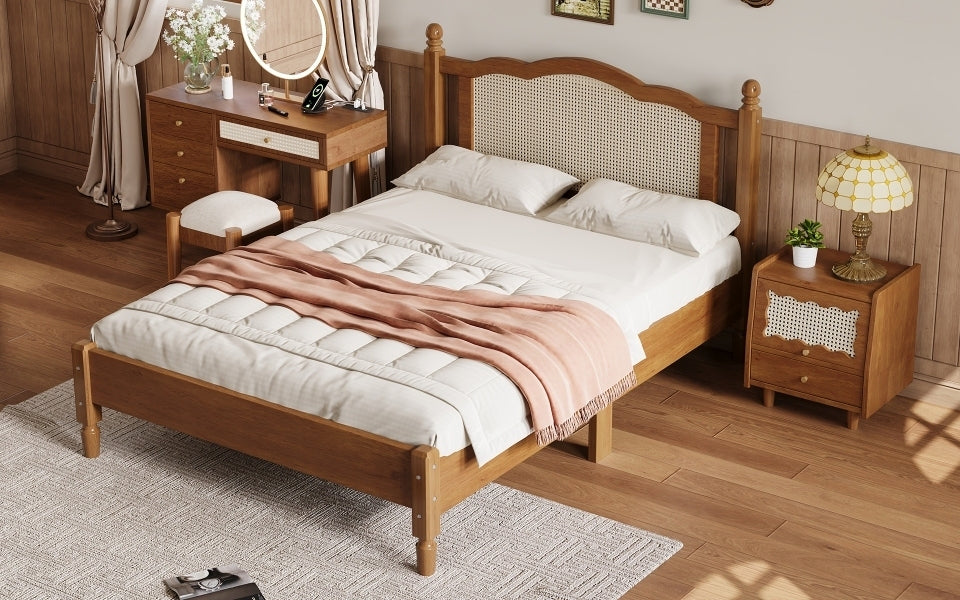 Full Size Wooden Platform Bed with Natural Rattan Headboard, Vintage Bed Frame with Wooden Slat Support, Walnut (Expected Arrival Time: 08.23)