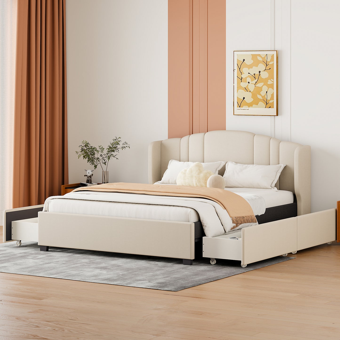 Upholstered Platform Bed with Wingback Headboard and 4 Drawers, No Box Spring Needed, Linen Fabric, Queen Size Beige