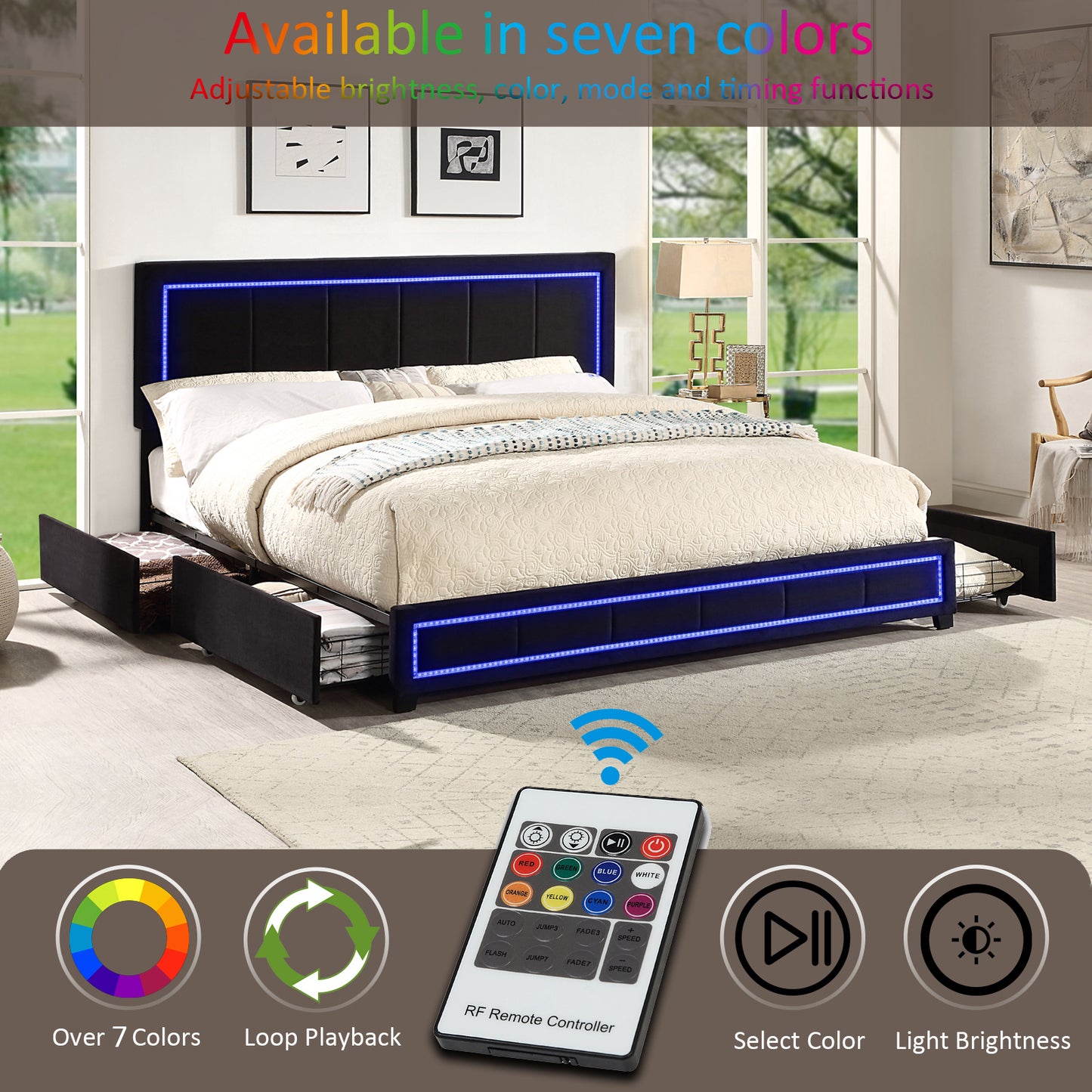 Upholstered Queen Size Platform Bed with LED Lights, Storage Bed with 4 Drawers, Black color fabric