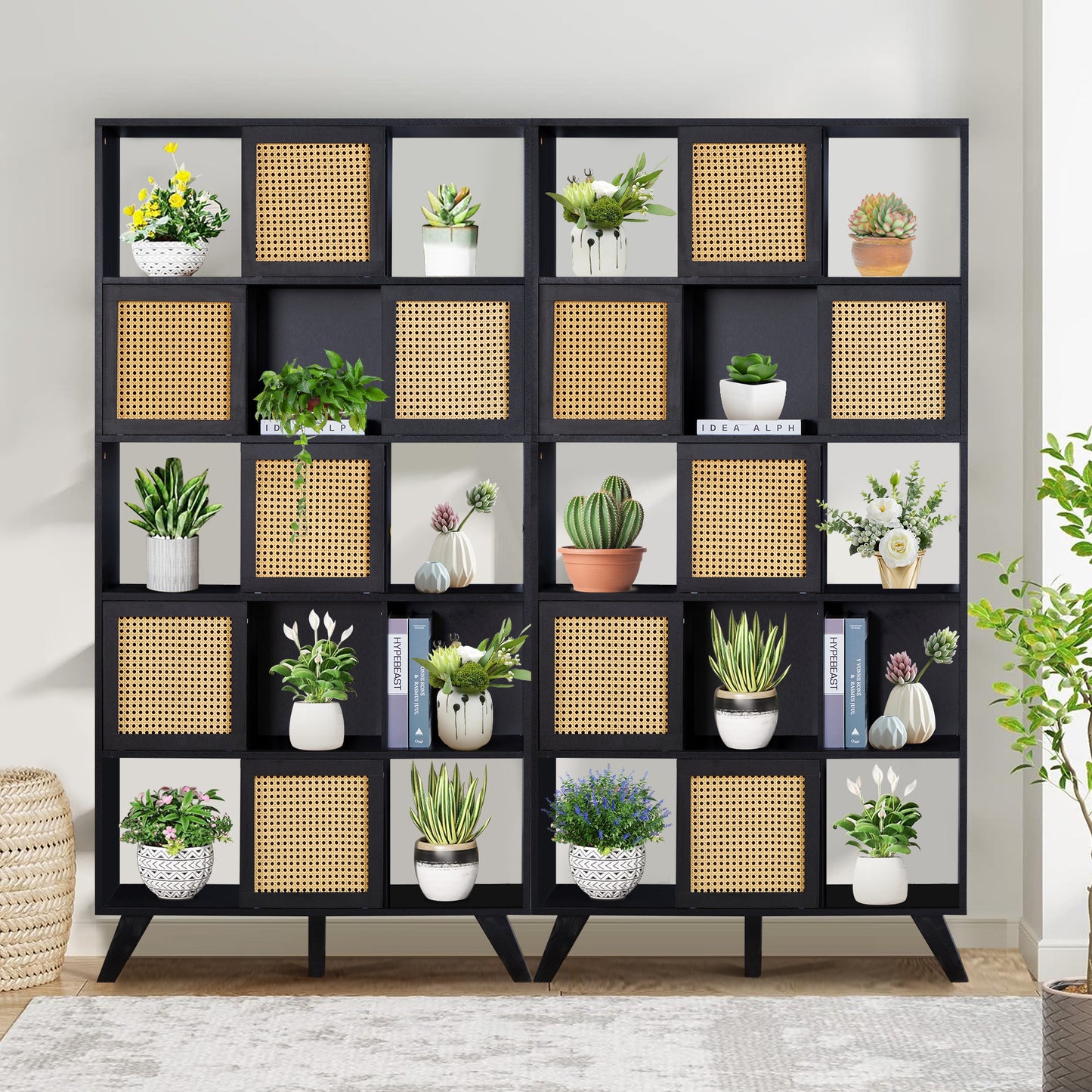 5 Tier Bookcase with Rattan Doors, 71" Shelf Rattan Boho Wood Shelves Large Bookshelves Farmhouse Bookcases Book Case for Bedroom, Living Room, Office (Black)