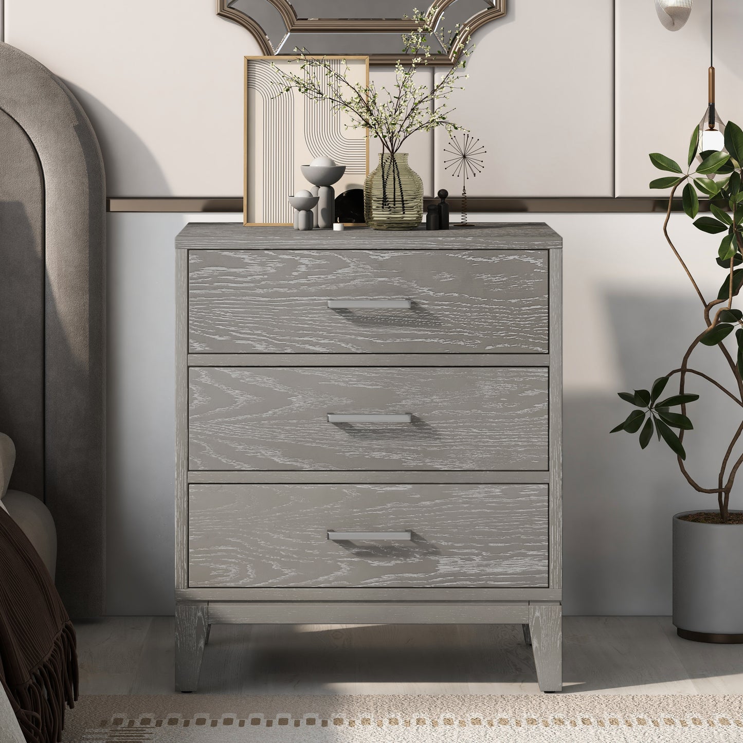 Modern Concise Style Gray Wood Grain Three-Drawer Nightstand with Tapered Legs and Smooth Gliding Drawers