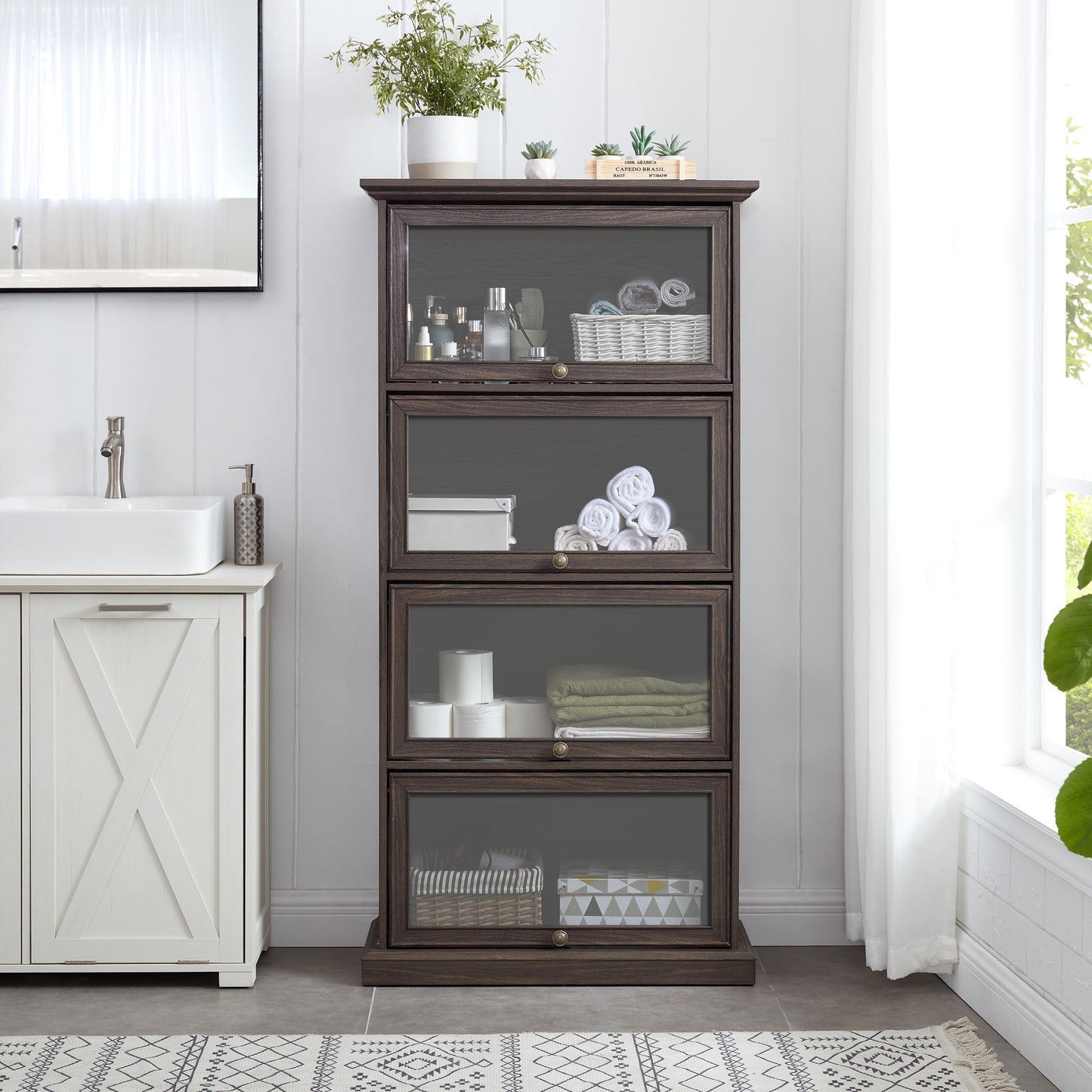 Glass display cabinet 4 Tier Glass Display Cabinet Storage Curio Cabinet with Flip up Glass Doors, Collectors Showcase Toy Figure Organizers Rack, Bookcase for Living Room BRO