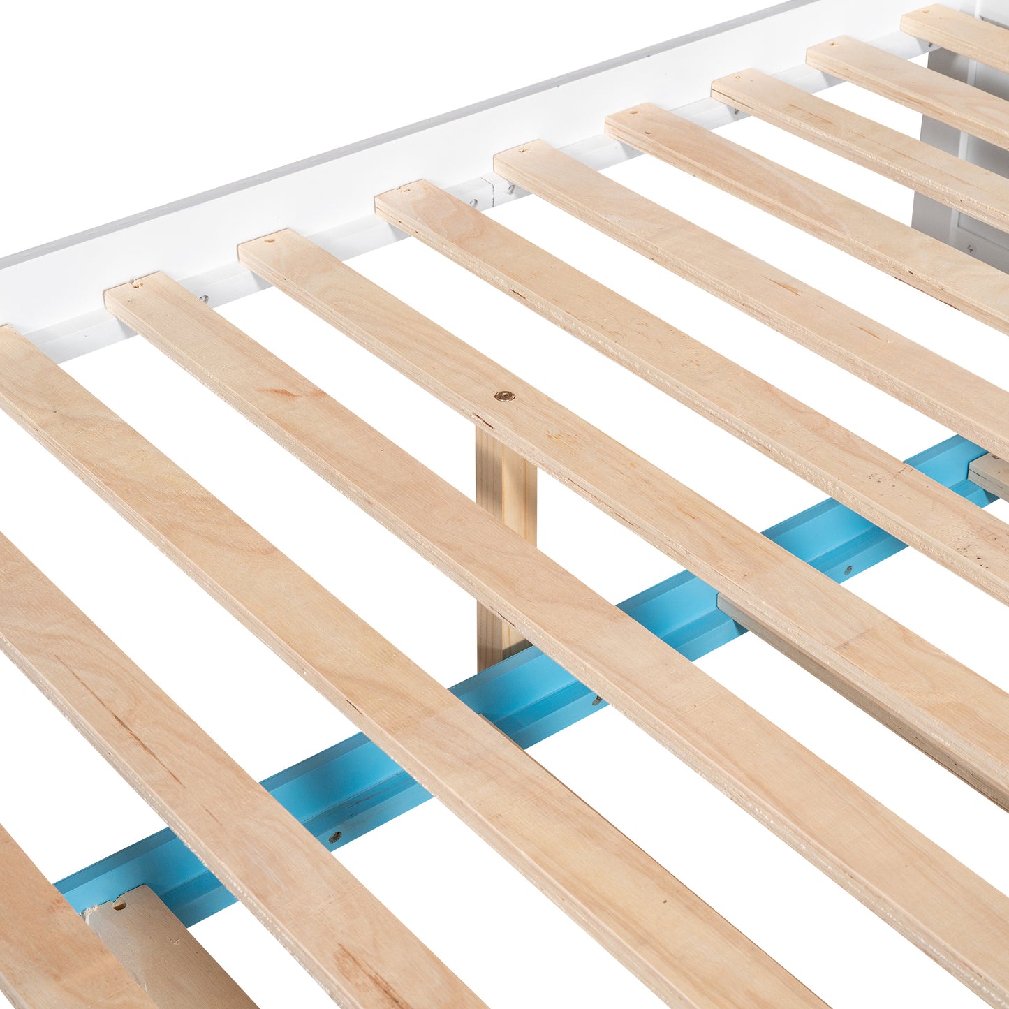 Full Over Full Bunk Bed with Trundle ,Stairs,Ladders Solid Wood Bunk bed with Storage Cabinet (White + Blue)