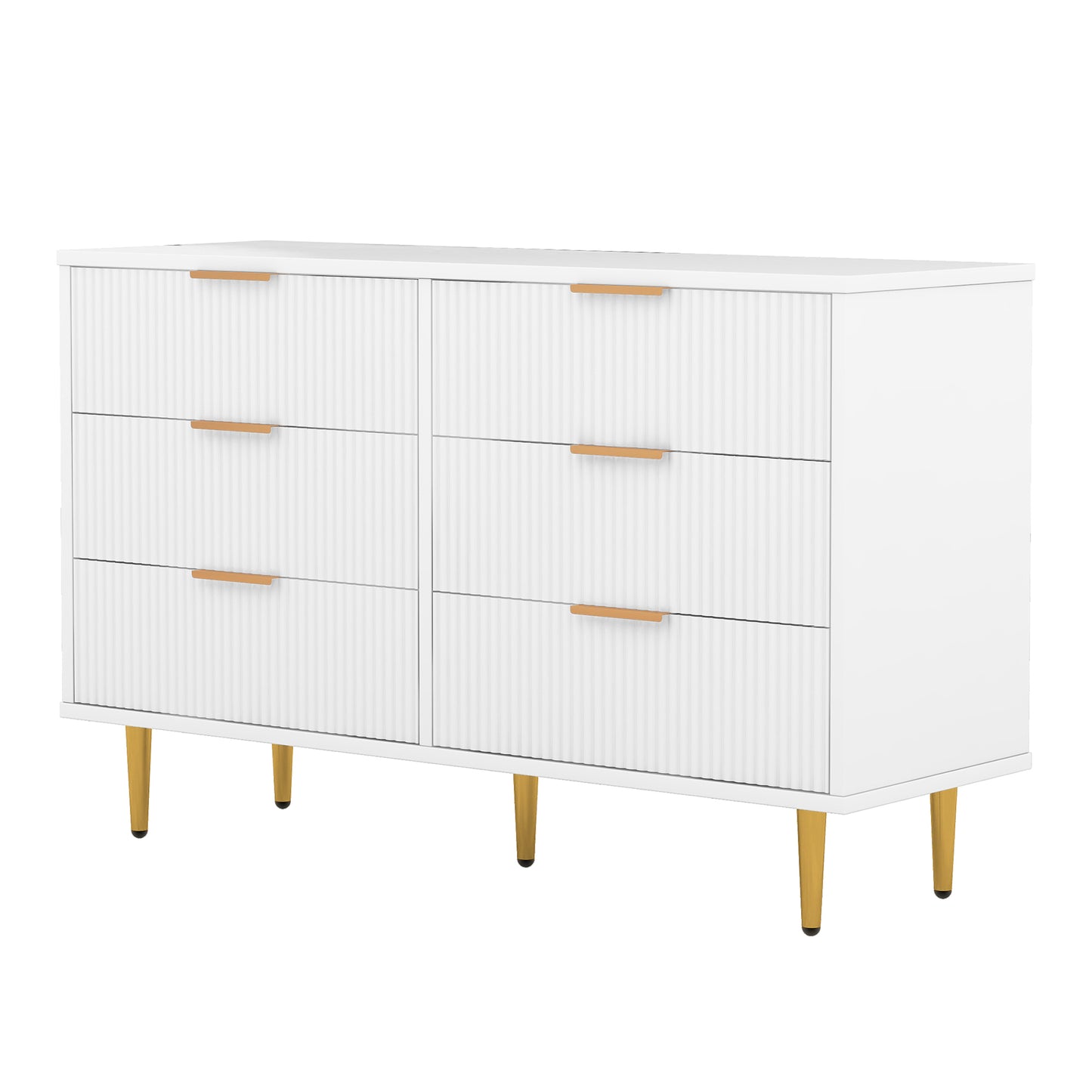 6 Drawer Dresser with Metal Leg and Handle for Bedroom, Storage Cabinet with Vertical Stripe Finish Drawer, White