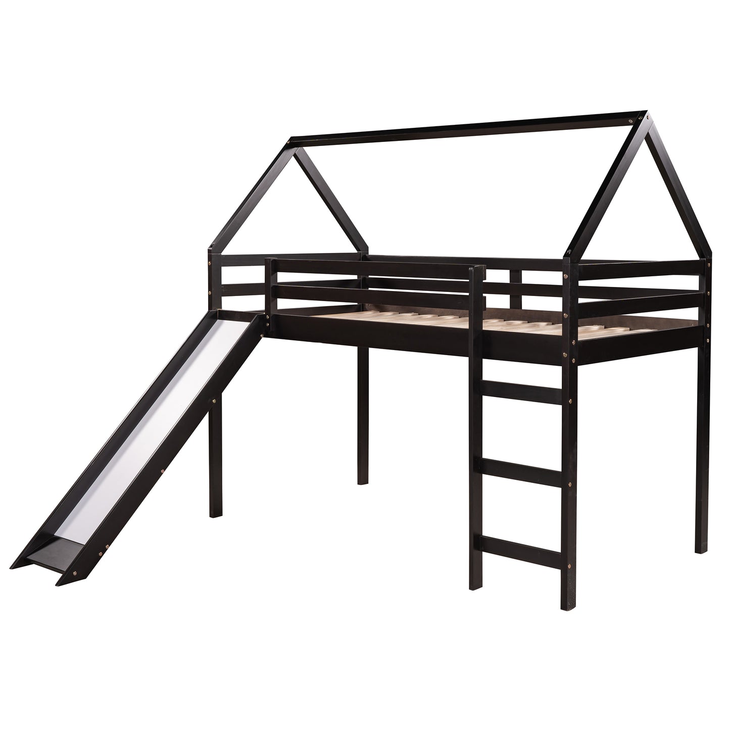 Twin Size Loft Bed with Slide, House Bed with Slide,Espresso(OLD SKU :WF281158AAP)