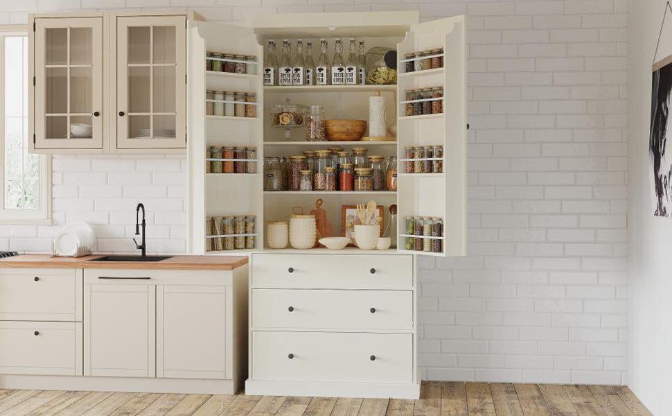 [Assembly Video Provided]TOPMAX 77inch Farmhouse Kitchen Pantry, Freestanding Tall Cupboard Storage Cabinet with 3 Adjustable Shelves, 8 Door Shelves, 3 Drawers for Kitchen, Dining Room, Cream