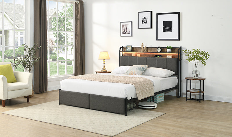 Queen Bed Frame, Storage Headboard with Charging Station, Solid and Stable, Noise Free, No Box Spring Needed, Easy Assembly