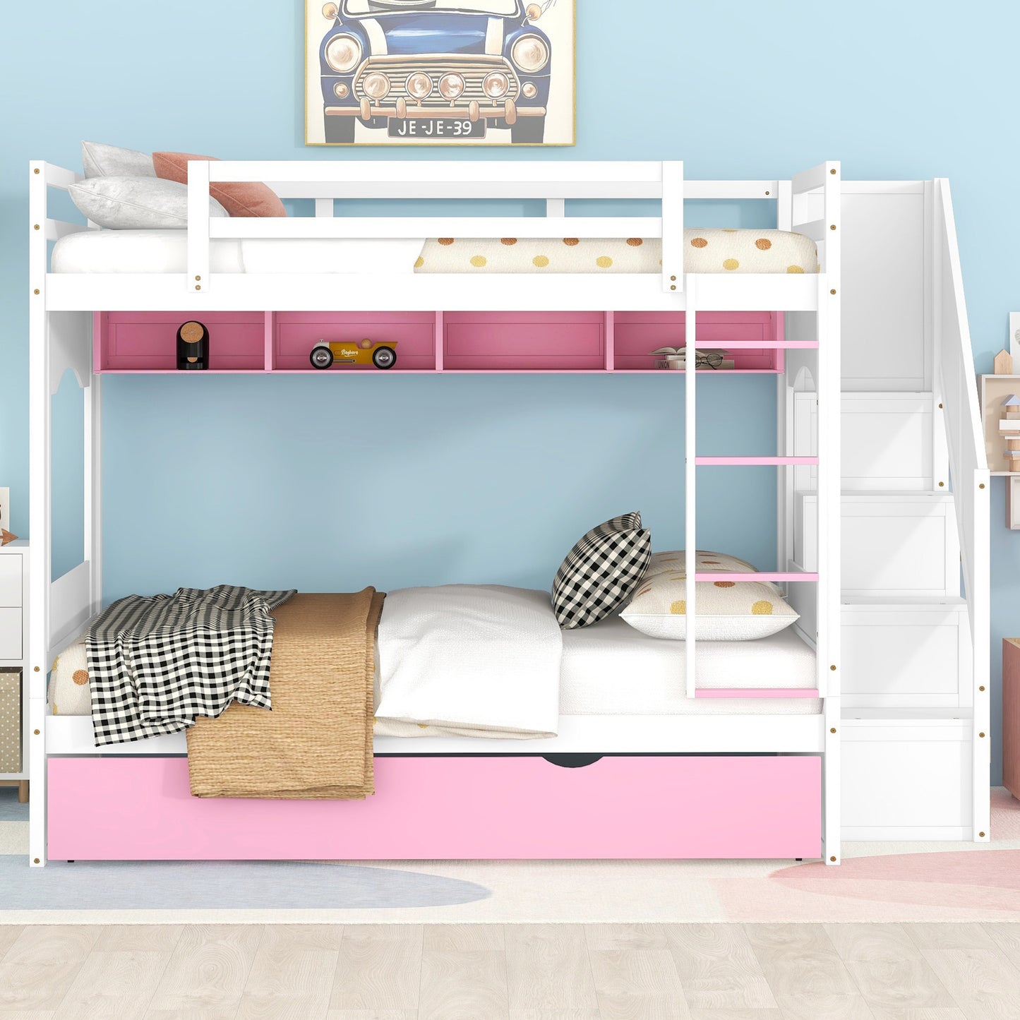 Full Over Full Bunk Bed with Trundle ,Stairs,Ladders Solid Wood Bunk bed with Storage Cabinet (White + Pink)