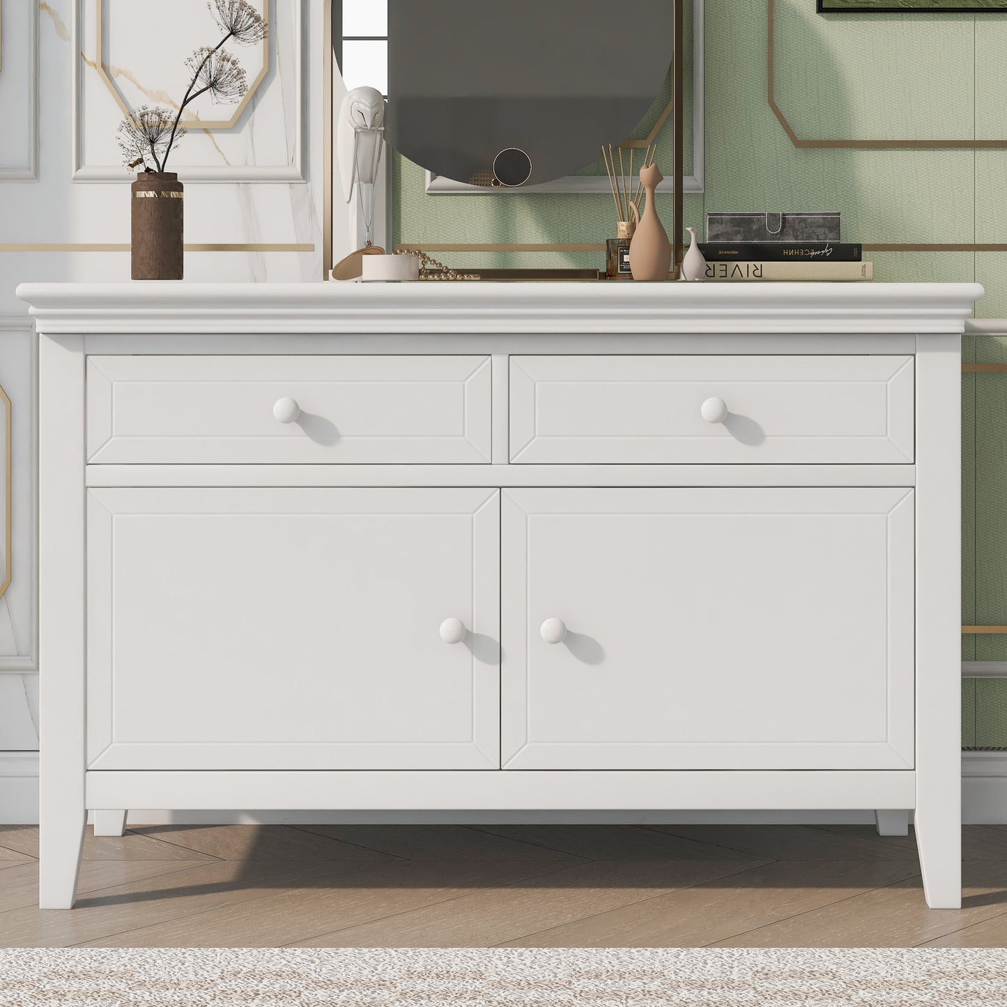 4 Pieces Traditional Concise Style White Bedroom Sets, Nightstand+ Dresser+ Mirror+King Bed