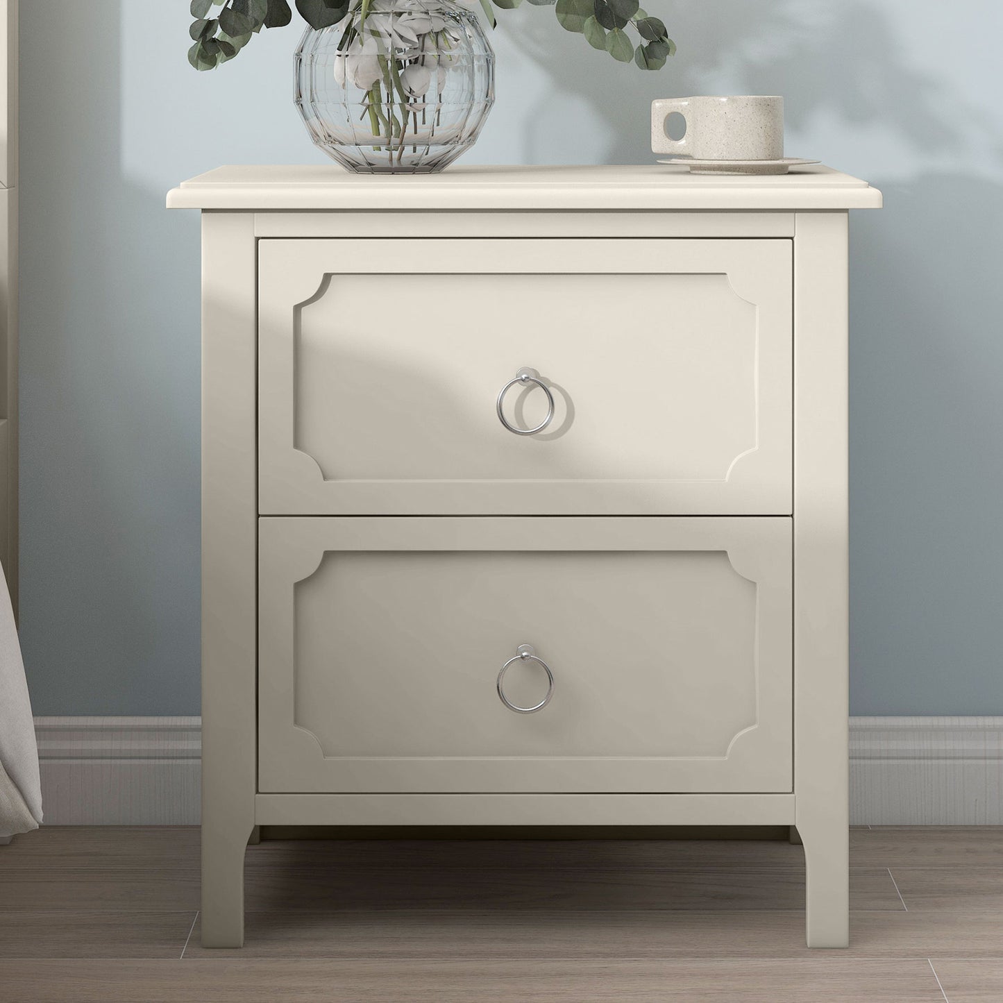Milky White Rubber Wooden Nightstand Two Drawers Silver Metal Handles for Living Room Guest Room Bedroom
