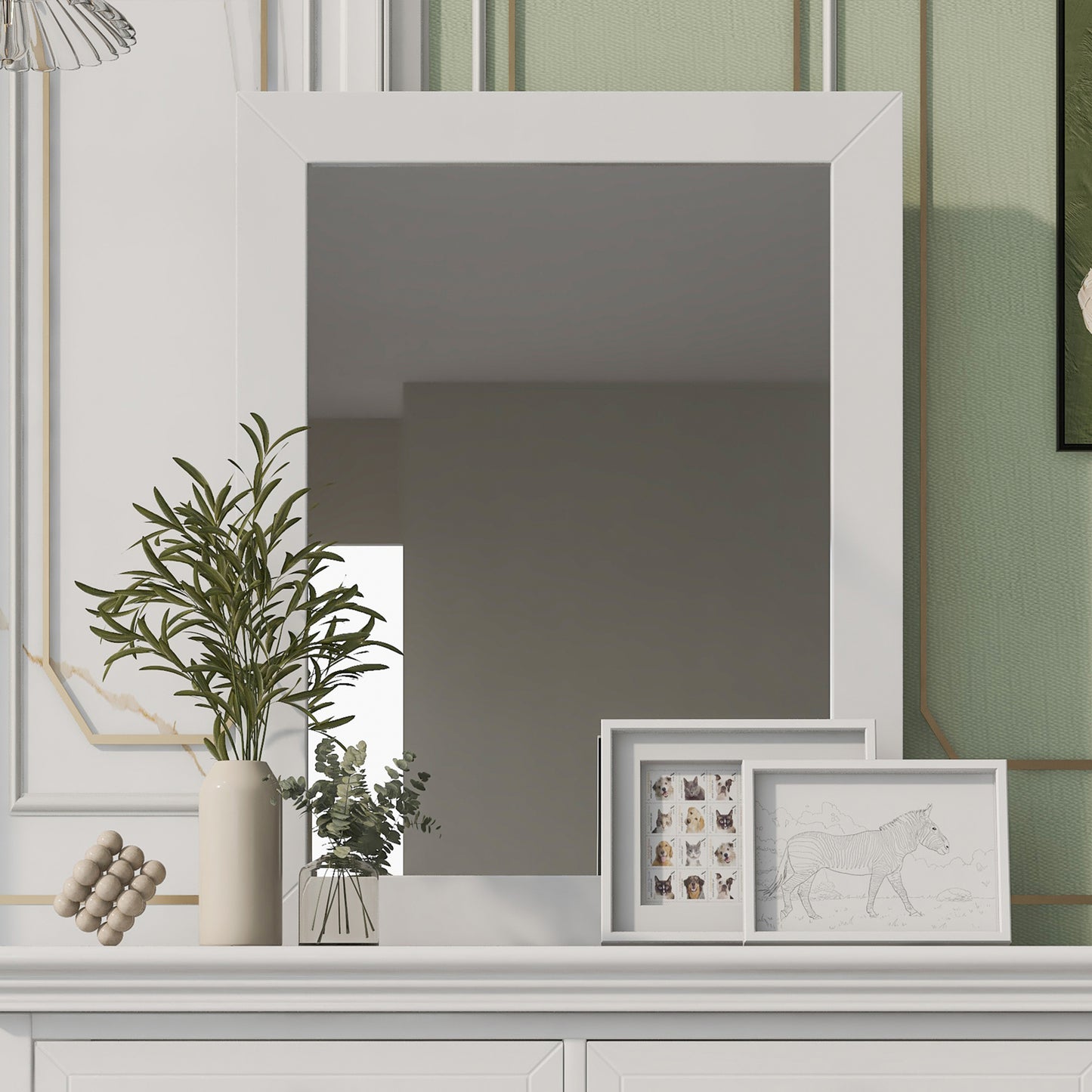 4 Pieces Traditional Concise Style White Bedroom Sets, Nightstand+ Dresser+ Mirror+King Bed