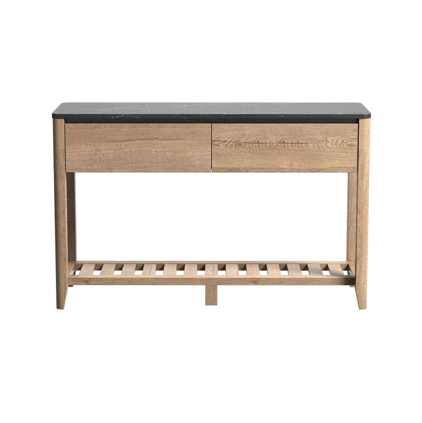 47 Inch Modern Farmhouse Double Drawers Console Table for Living Room or Entryway, Tobacco Wood and Black Marble Texture