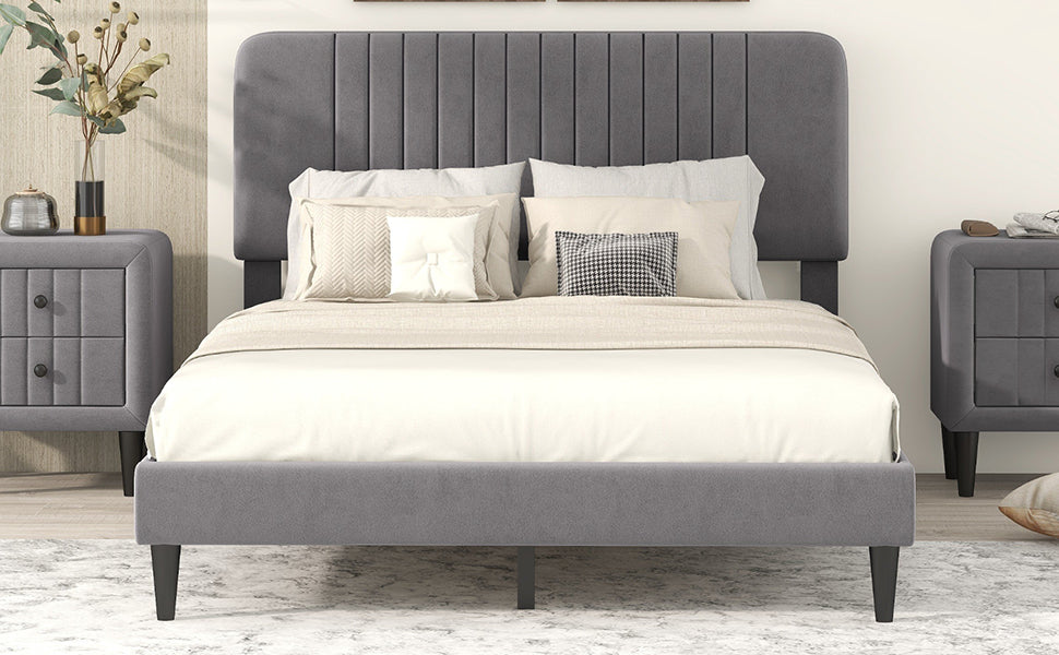 Full Size Upholstered Platform Bed,No Box Spring Needed, Velvet Fabric,Gray