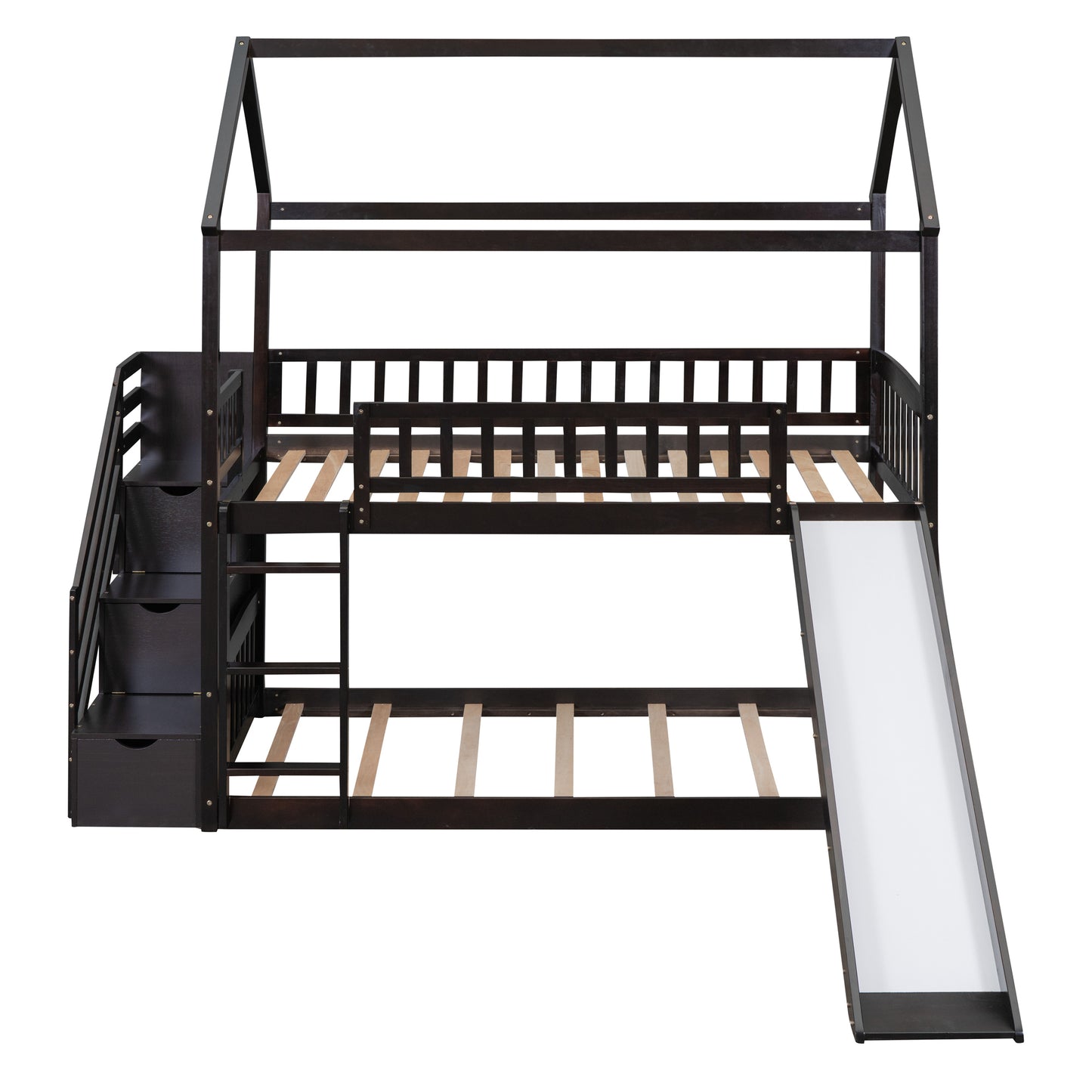 Twin Over Twin Bunk Bed with Drawers and Slide, House Bed with Slide,Espresso(OLD SKU :LT000215AAP)