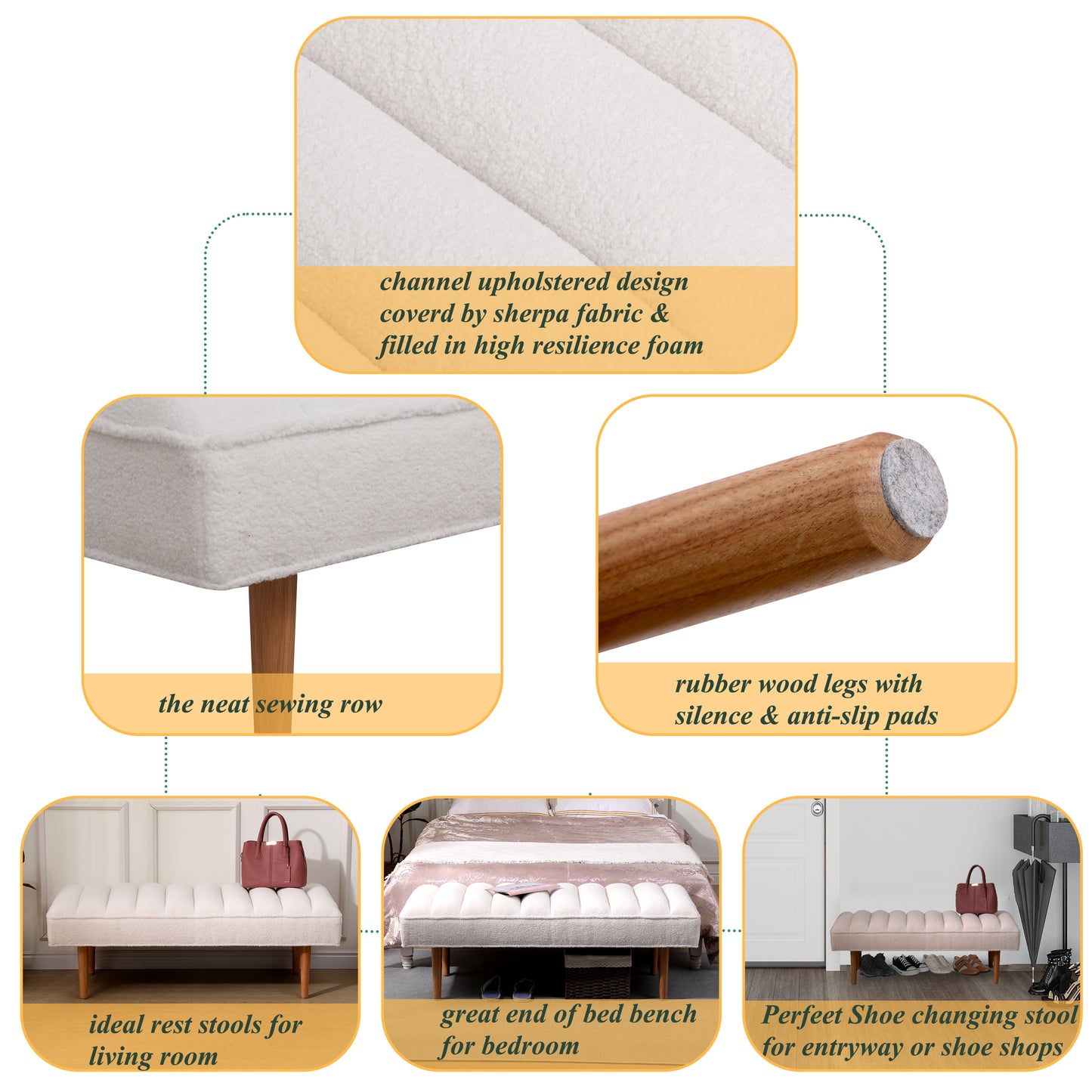 Channel Tufted Bench White Sherpa Upholstered End of Bed Benches with Wooden Legs (White)