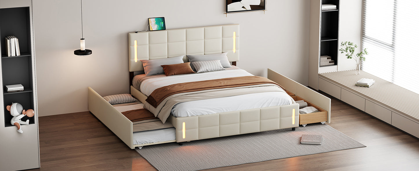 Queen Size Upholstered Platform Bed with Trundle and Drawers, Beige
