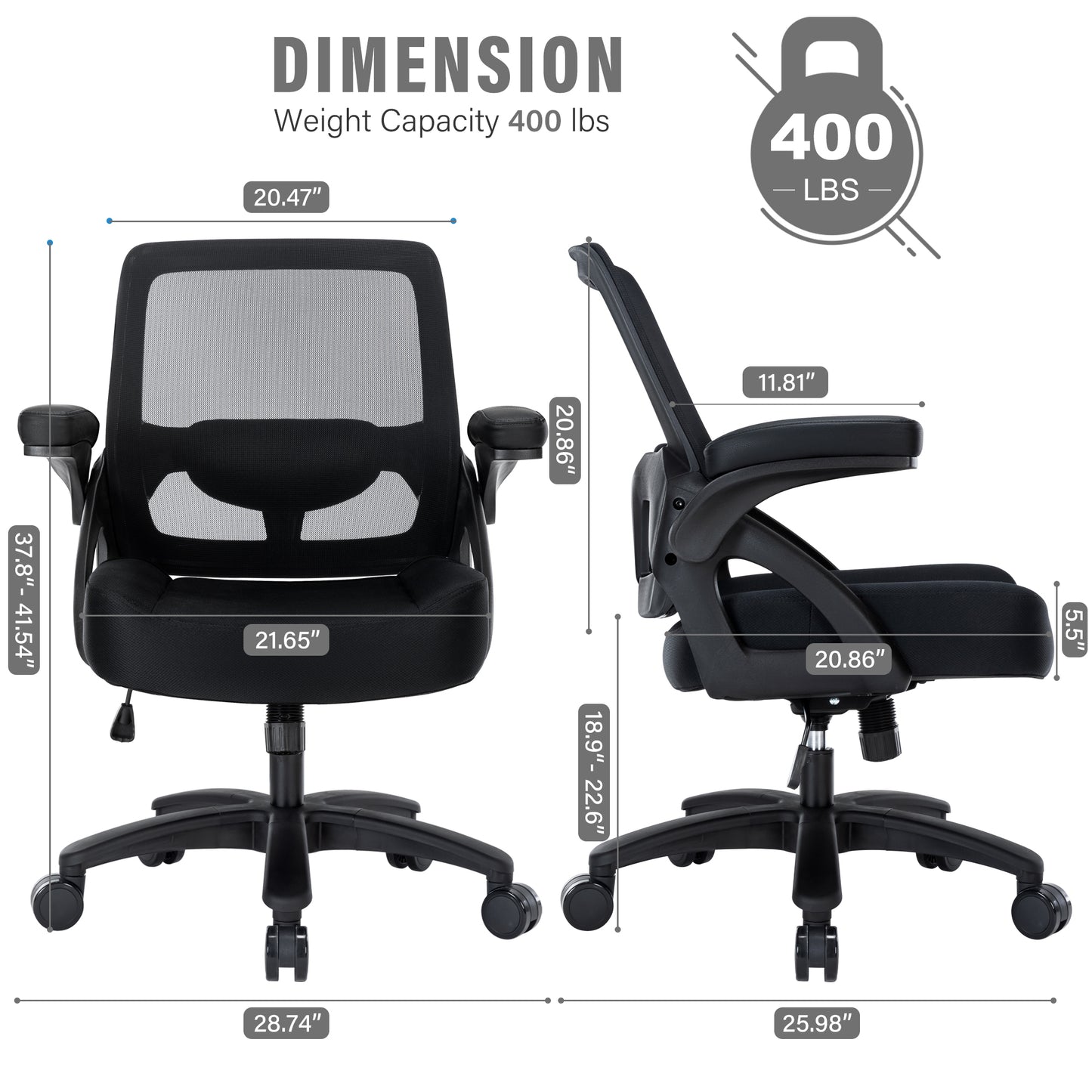 Big and Tall Office Chair 400lbs with Flip-up Arms, Mesh Ergonomic Heavy Duty Computer Chair Desk Chair Wide Seat, Executive Swivel Task Rolling Chairs for Heavy People