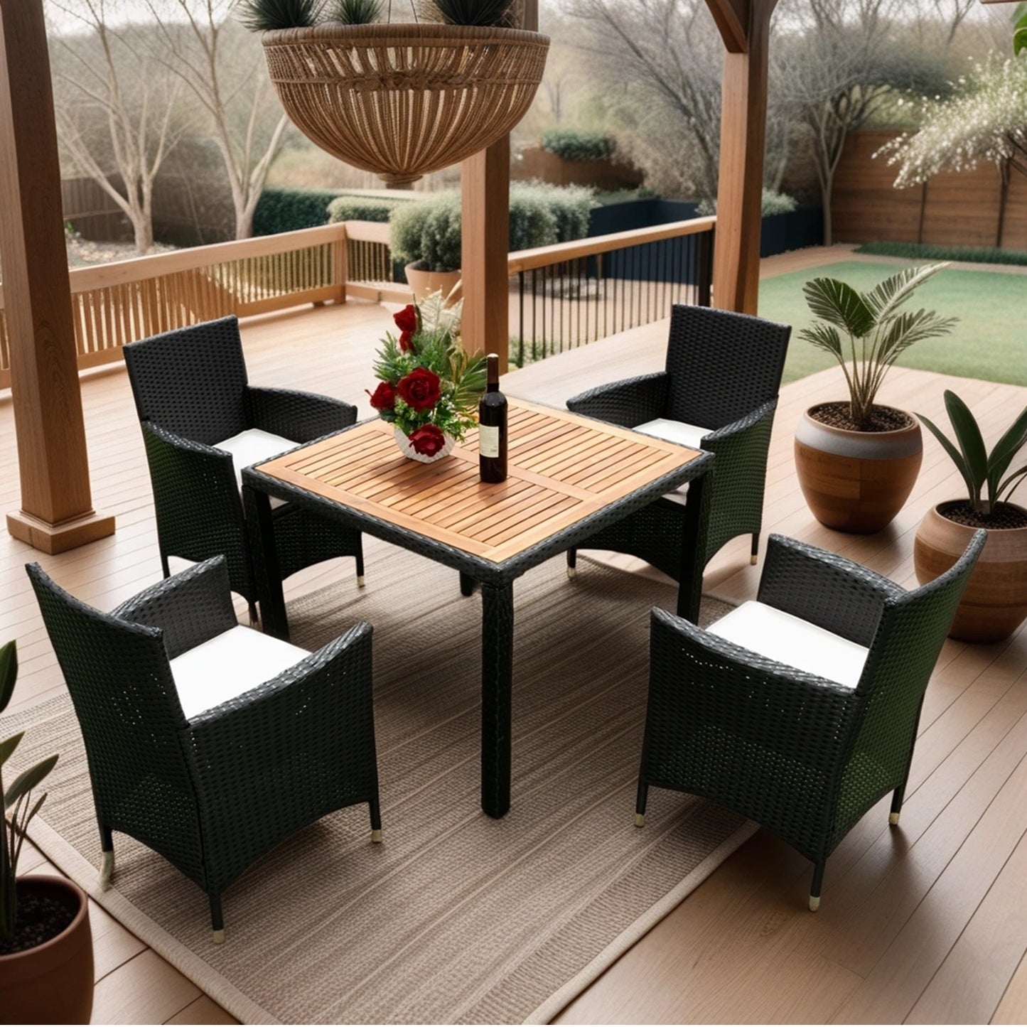 EELIFEE 5 piece Outdoor Patio Wicker Dining Set Patio Wicker Furniture Dining Set w/Acacia Wood Top Black Wicker + Creme Cushion