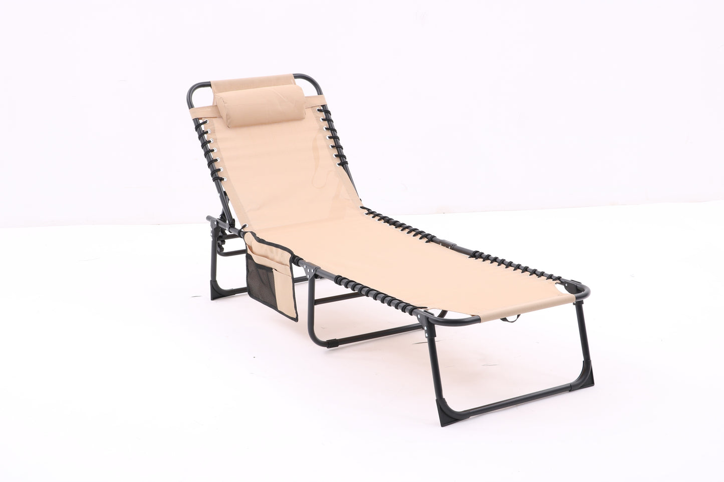 Folding Textilene Waterproof Patio Chaise Lounge Chair,Outdoor Adjustable and Reclining Tanning Chair with Pillow and Side Pocket for Lawn,Beach,Pool,Portable Camping and Sunbathing(2 Pieces,Khaki)