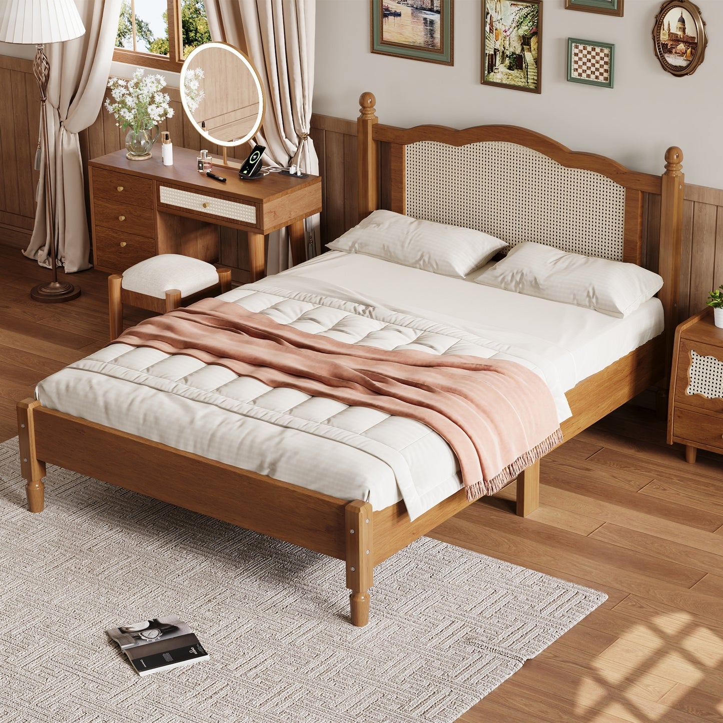 Full Size Wooden Platform Bed with Natural Rattan Headboard, Vintage Bed Frame with Wooden Slat Support, Walnut (Expected Arrival Time: 08.23)