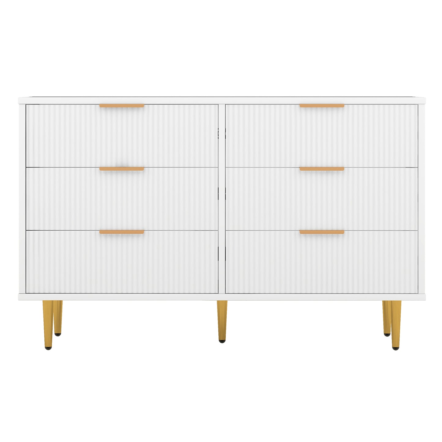 6 Drawer Dresser with Metal Leg and Handle for Bedroom, Storage Cabinet with Vertical Stripe Finish Drawer, White