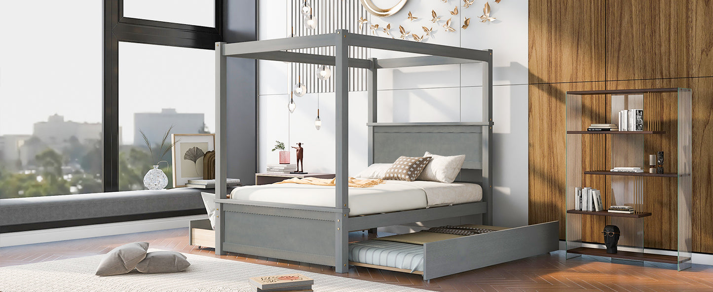 Wood Canopy Bed with Trundle Bed and two Drawers ,Full Size Canopy Platform bed With Support Slats .No Box Spring Needed, Brushed Gray