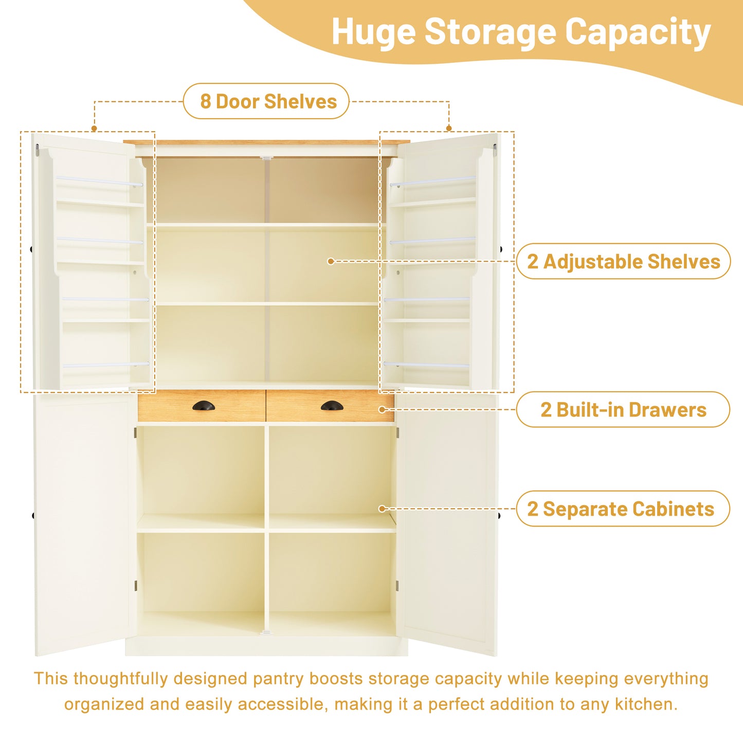 [Assembly Video Provided]TOPMAX 40.2x20x71.3inch High Freestanding Kitchen Pantry Large Cupboard Storage Cabinet with 2 Drawers, 2 Adjustable Shelves, 8 Door Shelves for Kitchen, Dining Room,Cream