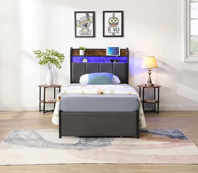 Twin Bed Frame, Storage Headboard with Charging Station, Solid and Stable, Noise Free, No Box Spring Needed, Easy Assembly