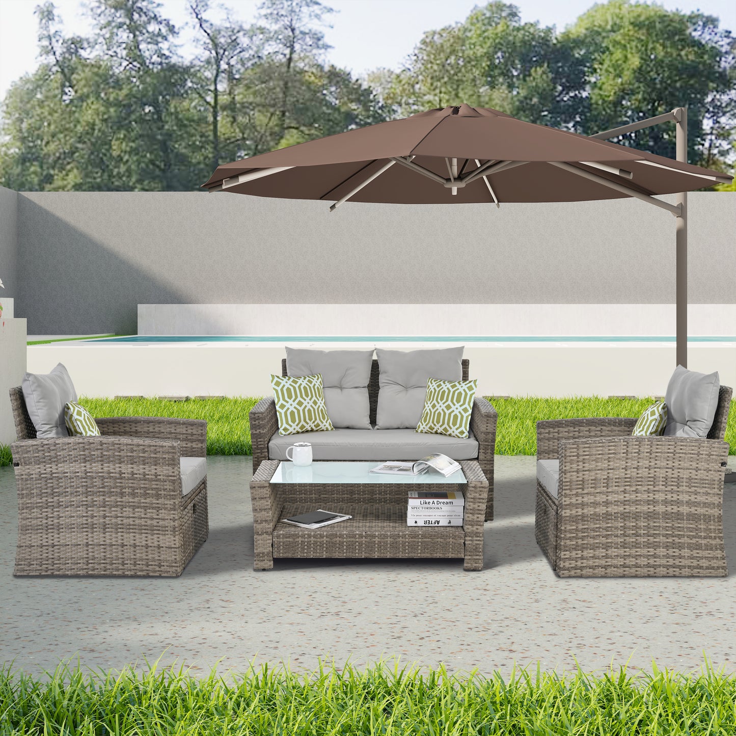 Patio Furniture, Outdoor Furniture, Seasonal PE Wicker Furniture, 6 Set Wicker Furniture With Tempered Glass Coffee Table