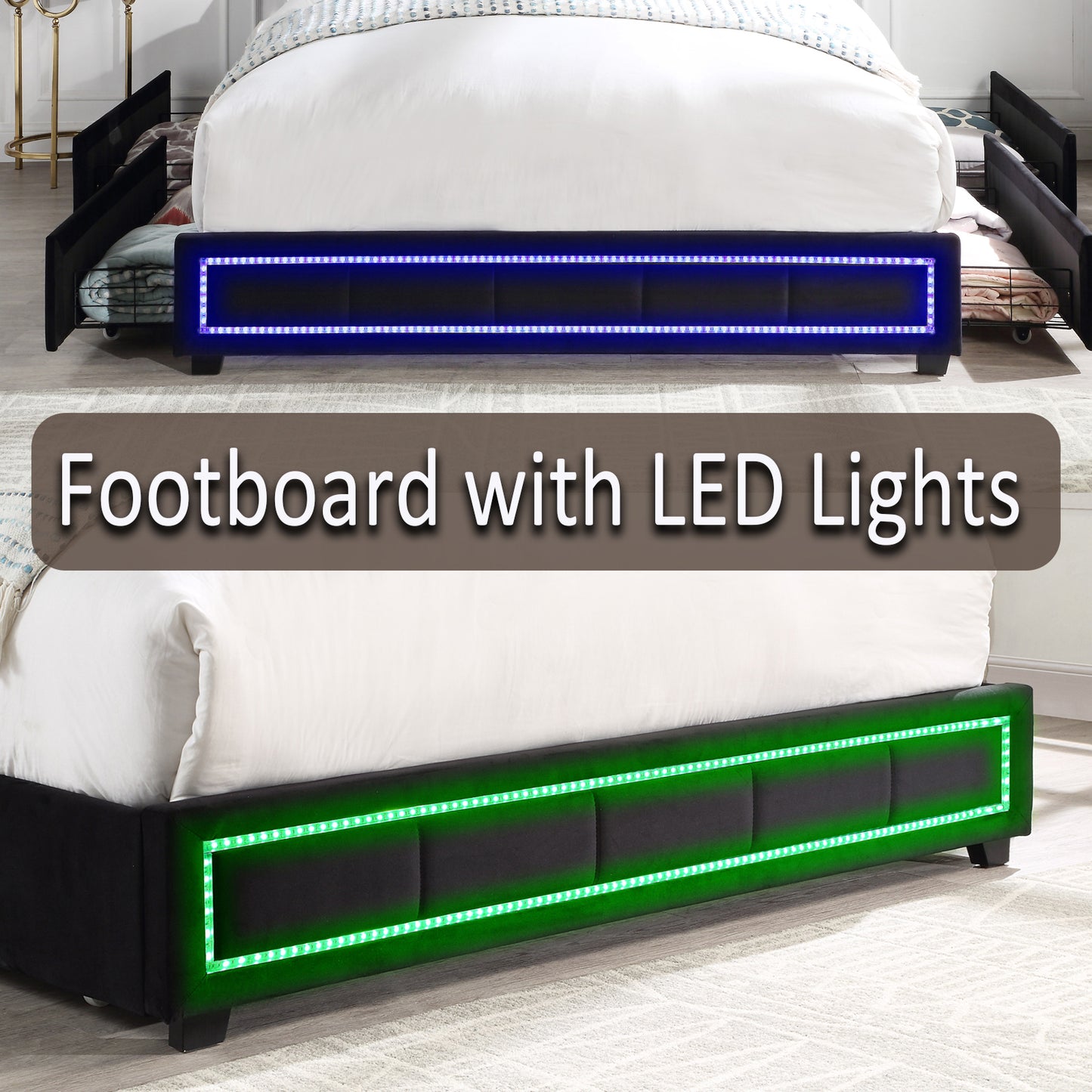 Upholstered Queen Size Platform Bed with LED Lights, Storage Bed with 4 Drawers, Black color fabric