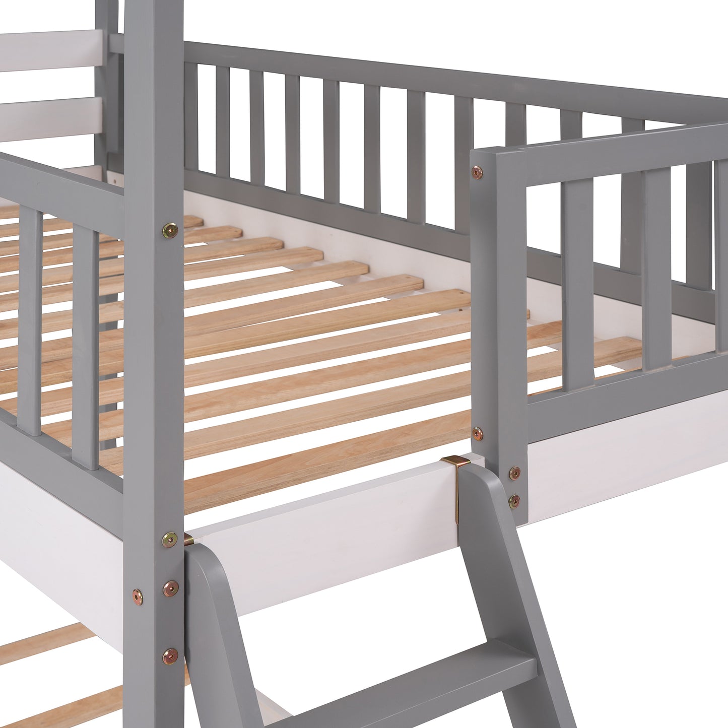Twin Over Twin Bunk Bed Wood Bed with Roof, Window, Ladder ( Gray)(OLD SKU :LP000008AAE)